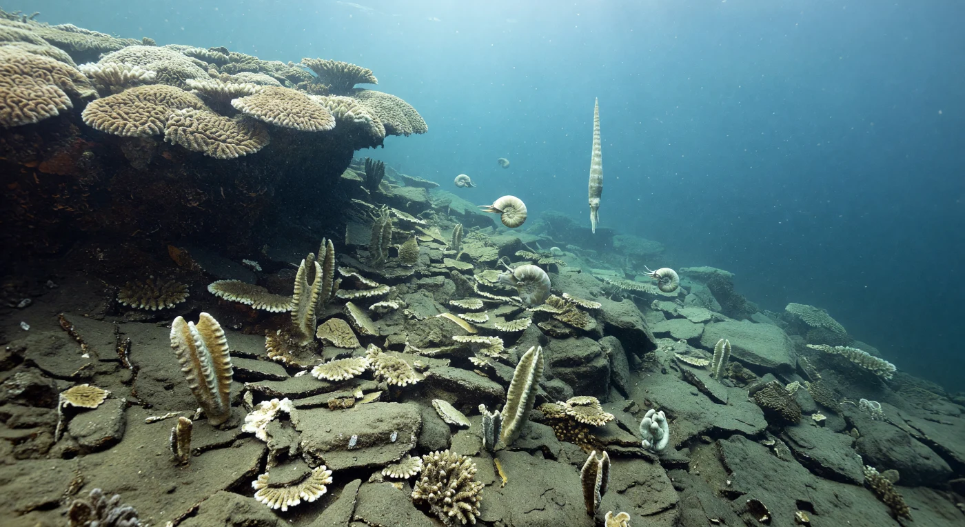 En el margen de un arrecife del Devónico tardío, hace aproximadamente 375–360 millones de años, la cresta iluminada de estromatopóridos y corales tabulados como Favosites y Alveolites se desploma hacia una ladera de derrubios que se pierde en aguas más oscuras y profundas. Entre los bloques rotos y el lodo carbonatado emergen corales solitarios Heliophyllum, mientras sobre el talud del antearrecife flotan pequeños ammonoideos Agoniatites y un gran nautiloideo ortocónico suspendido casi en vertical. La escena muestra cómo los arrecifes paleozoicos daban paso rápidamente a fondos de plataforma externa y talud, donde disminuían la luz y el oxígeno y comenzaban a acumularse sedimentos finos ricos en materia orgánica.