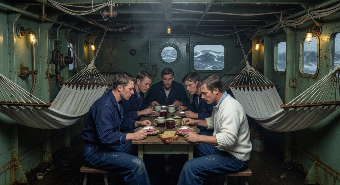 All'interno di una corvetta classe Flower della Royal Canadian Navy nel 1943, alcuni marinai consumano un pasto frugale a base di carne in scatola tra pareti d'acciaio rivettate e amache oscillanti. Questo spazio angusto e saturo di umidità illustra la logorante quotidianità dei convogli nell'Atlantico settentrionale, dove la resilienza umana sfidava costantemente la furia dell'oceano e la minaccia dei sottomarini nemici. La scena cattura l'essenza della vita di bordo durante la Seconda Guerra Mondiale: un connubio di claustrofobia, stanchezza e stoica determinazione.