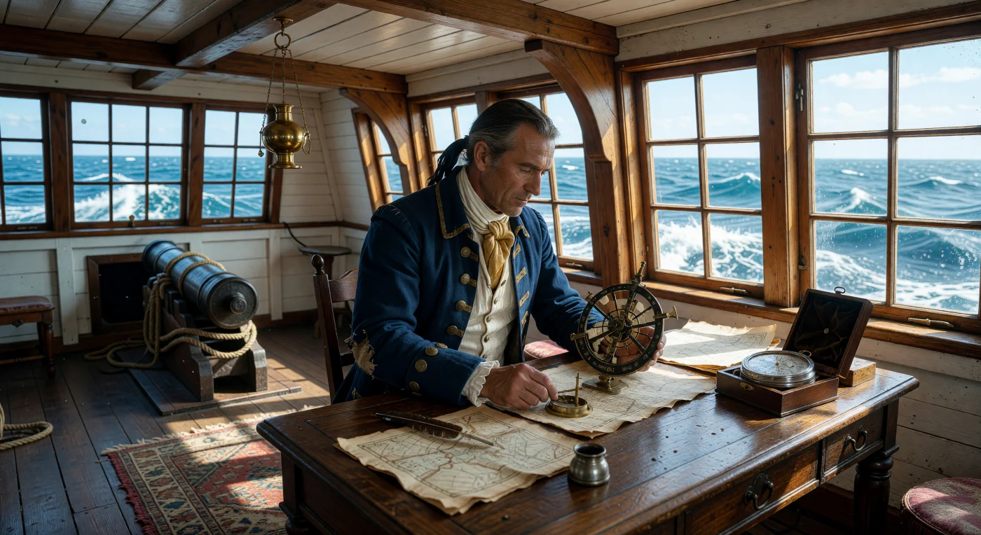 In der prachtvollen Heckkajüte eines britischen Linienschiffs vertieft sich ein Marineoffizier des 18. Jahrhunderts in die präzise Bestimmung der Schiffsposition, wobei er einen bahnbrechenden Harrison-Chronometer und einen Oktanten aus Messing nutzt. Diese Instrumente waren während des Zeitalters der Segelschifffahrt von entscheidender Bedeutung, da sie die Lösung des Längengradproblems ermöglichten und somit die globale Navigation und Kartografie revolutionierten. Das durch die Fenstergalerie einfallende Sonnenlicht beleuchtet die feinen Details der Seekarten und Instrumente und fängt die Atmosphäre wissenschaftlicher Akribie inmitten der rauen Bedingungen auf dem offenen Atlantik ein.