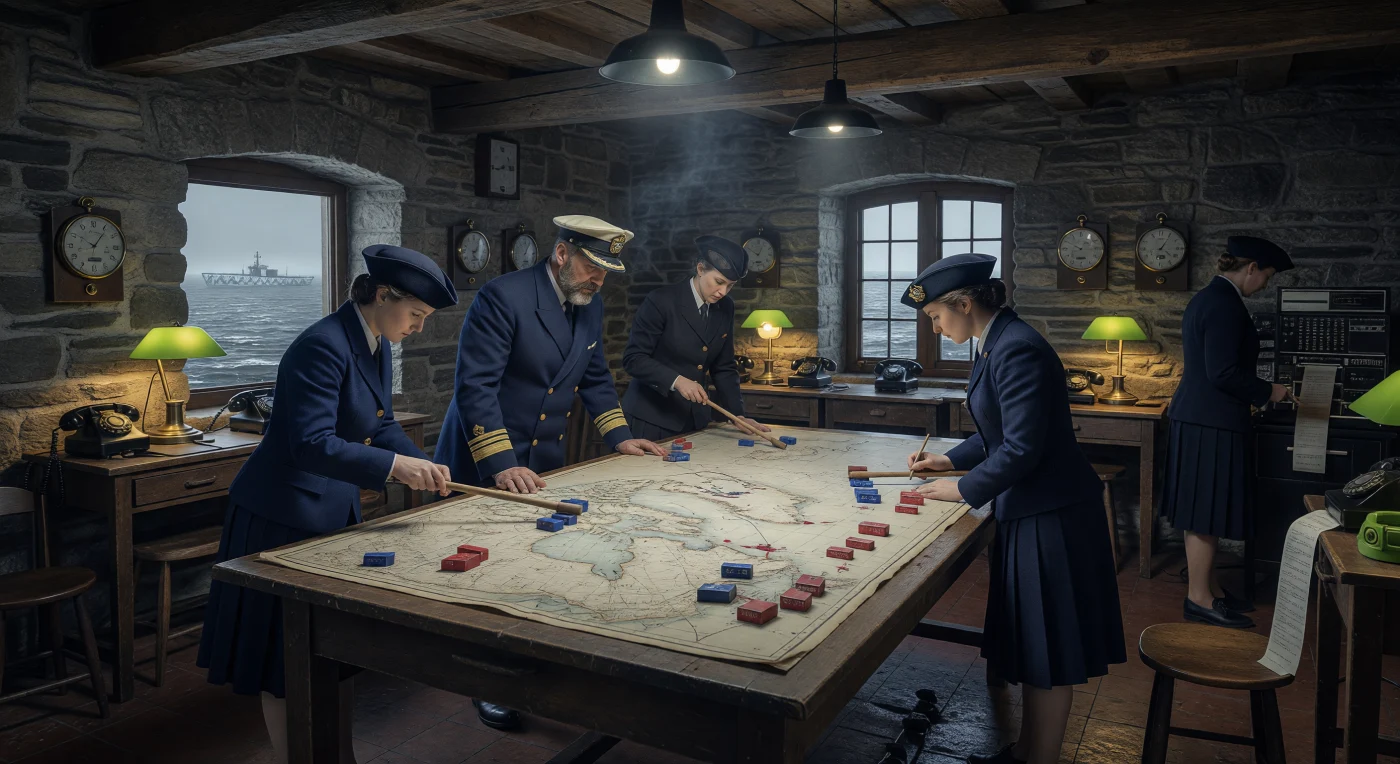 In einem atmosphärischen Planungsraum nahe der Zitadelle von Québec koordinieren ein erfahrener Kommandant der Royal Canadian Navy und spezialisierte „Wrens“ des Frauendienstes im Jahr 1943 die lebenswichtigen Schiffsbewegungen auf dem Nordatlantik. Auf einem massiven Kartentisch werden unter dem warmen Schein von Banker-Lampen hölzerne Markierungen verschoben, um alliierte Geleitzüge vor den lauernden deutschen U-Boot-„Wolfsrudeln“ zu schützen. Diese Szene fängt die angespannte Stille der maritimen Logistik ein, die während der Schlacht im Atlantik entscheidend war, um die Versorgungslinien zwischen Nordamerika und Europa trotz ständiger Bedrohung aufrechtzuerhalten.