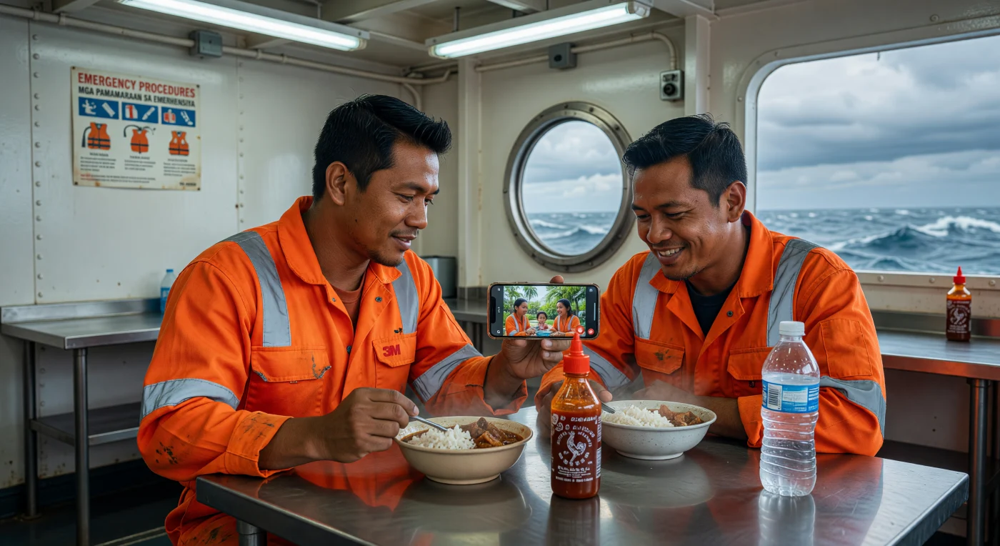 Dos marineros filipinos, ataviados con overoles de alta visibilidad manchados por el trabajo, comparten un momento de intimidad digital con sus familias a través de una videollamada mientras almuerzan en el austero comedor de acero de un buque mercante. En la era de la globalización del siglo XXI, la tecnología satelital permite a estos trabajadores esenciales —quienes constituyen la columna vertebral del comercio marítimo mundial— mitigar el aislamiento extremo de las travesías por el Atlántico Norte. La escena ilustra el contraste entre la funcionalidad industrial de la vida en alta mar y la persistencia de los lazos afectivos a miles de kilómetros de distancia.