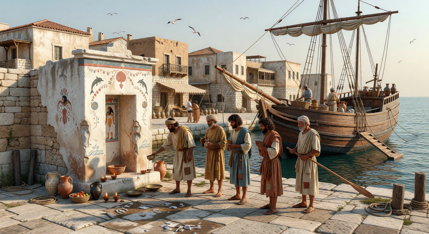 En este muelle del Mediterráneo oriental helenístico, marineros y mercaderes se detienen al amanecer ante un pequeño santuario estucado de Isis Pelagia, adornado con delfines y guirnaldas marinas, para derramar una libación antes de zarpar. A su lado espera el timonel junto a una robusta nave mercante de vela cuadrada arriada, lista para entrar en las rutas comerciales que unían el Egeo, el Levante y Egipto. La escena refleja cómo, en el siglo II a. C., los puertos ptolemaicos y levantinos mezclaban poblaciones, mercancías y creencias, incorporando cultos egipcios al mundo marítimo griego como protección sagrada frente a los peligros del mar.