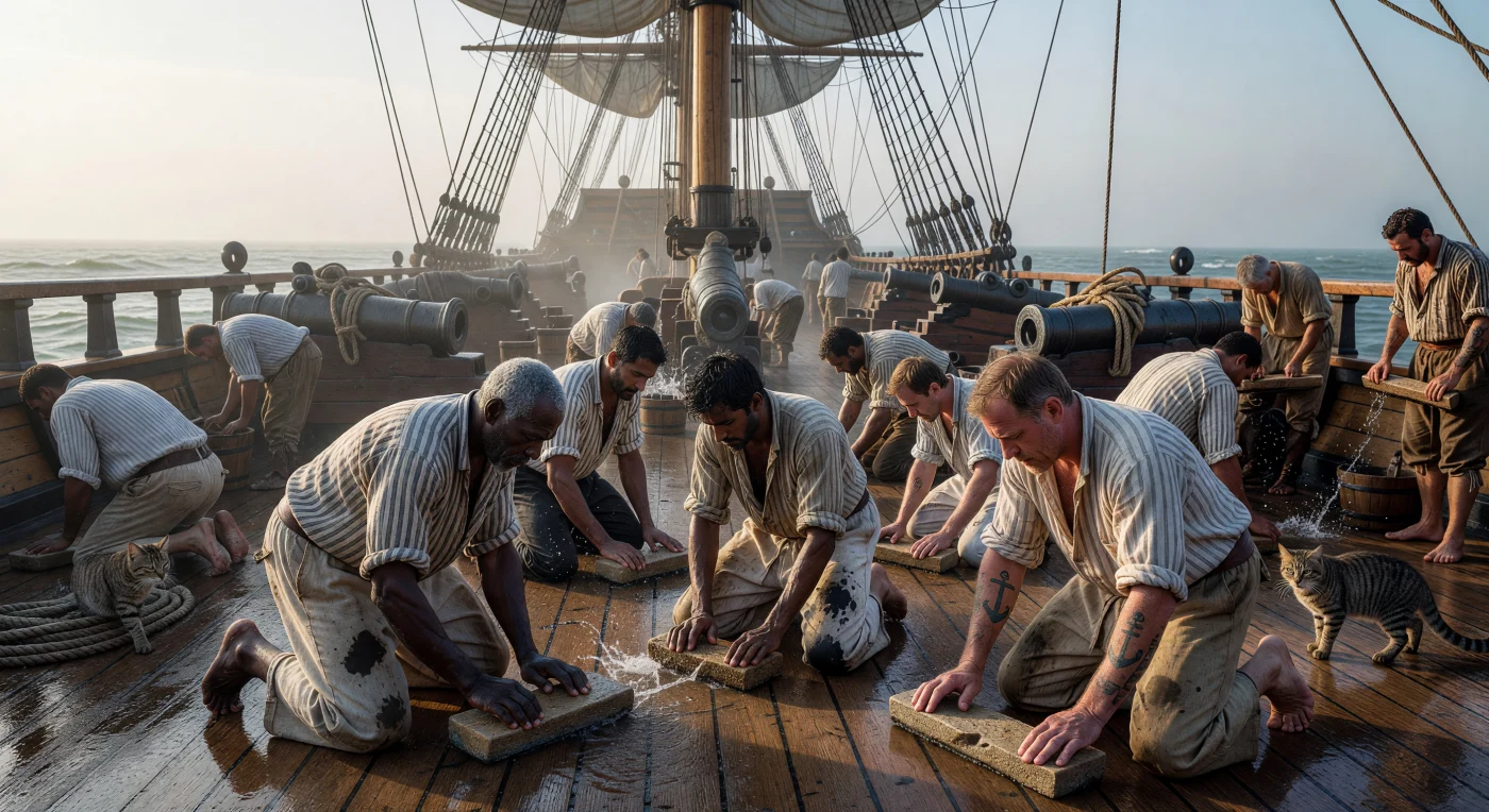 Sob a luz suave do amanhecer, uma tripulação etnicamente diversa de marinheiros britânicos, africanos e sul-asiáticos ajoelha-se no convés de carvalho de um navio de linha para realizar a árdua tarefa de *holystoning*, esfregando as tábuas molhadas com blocos de arenito. Esta prática diária de manutenção era vital para preservar a madeira e manter a disciplina rigorosa a bordo, evidenciando como as embarcações do século XIX operavam como os espaços mais multiculturais e globais de sua era. Entre canhões de 32 libras e o complexo emaranhado de cordas de cânhamo, a cena ilustra a exaustiva rotina marítima durante a Era das Revoluções, onde o trabalho manual pesado sustentava o poderio das grandes potências navais.