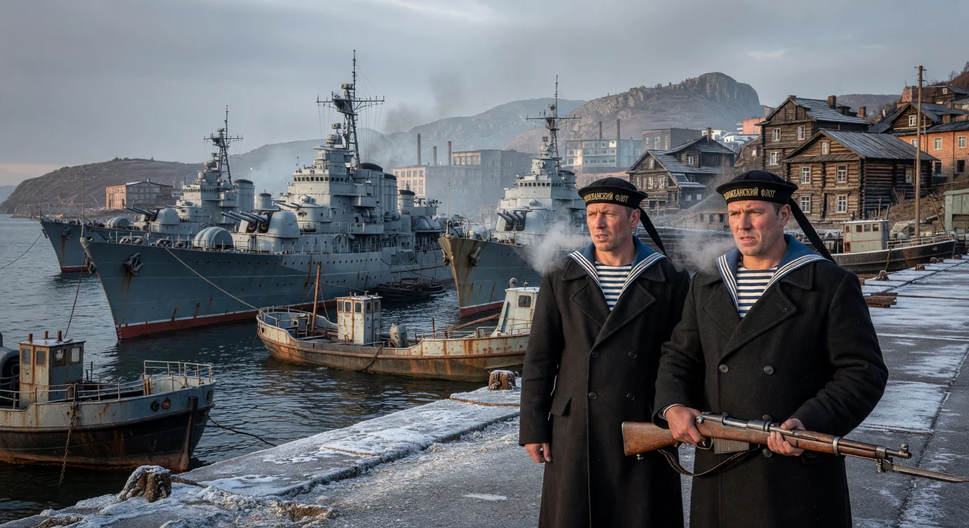 Em 1942, contratorpedeiros da classe Gnevny repousam nas águas gélidas da Baía do Chifre de Ouro, em Vladivostok, enquanto marinheiros soviéticos em pesados casacos de lã vigiam o porto sob uma névoa matinal de inverno. Esta cena ilustra a importância estratégica da Frota do Pacífico durante a Segunda Guerra Mundial, mantendo a prontidão militar no Extremo Oriente Russo em meio a condições climáticas brutais. O contraste entre o aço industrial dos navios e o concreto coberto de geada do cais reflete a resiliência e a tensão constante enfrentadas pelos defensores desta fronteira remota.