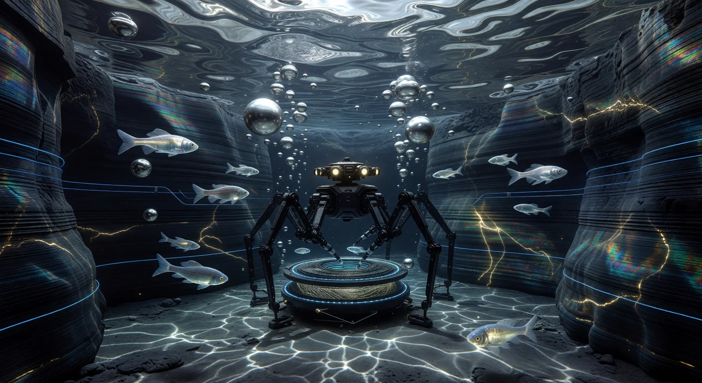 मारियस हिल्स के लावा ट्यूबों में स्थित इस विशाल जल-भंडार में, एक षट्कोणीय 'हॉलोड' (Hollowed) रोबोटिक इकाई को चंद्रमा के महत्वपूर्ण निस्पंदन तंत्र की सफाई करते हुए देखा जा सकता है। 2050 से 2100 ईस्वी के 'ऑगमेंटेड डॉन' युग का यह दृश्य 3D-प्रिंटेड 'लूनरक्रीट' और बेसाल्ट से बनी वास्तुकला को दर्शाता है, जहाँ 1/6 गुरुत्वाकर्षण के कारण पानी की लहरें और ऑक्सीजन के विशाल बुलबुले एक अलौकिक धीमी गति में तैरते हैं। इस औद्योगिक परिवेश में, आनुवंशिक रूप से संशोधित पारभासी तिलापिया (translucent tilapia) की प्रजातियाँ विचरण करती हैं, जिनके शरीर और जैव-दीप्तिमान अंग चंद्रमा के इस कृत्रिम जलीय पारिस्थितिकी तंत्र में जीवित रहने के लिए विशेष रूप से अनुकूलित किए गए हैं।