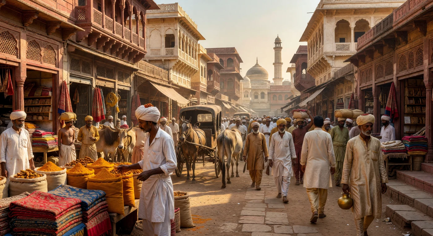 Ein lebhaftes Panorama des Chandni Chowk in Delhi um 1835 zeigt Händler in traditionellen Baumwoll-Pagris, die zwischen prächtigen Gebäuden aus rotem Sandstein und weiß poliertem Chunam-Kalk leuchtende Kurkuma-Haufen und handgefertigte Pashmina-Schals anbieten. Während eine Pferdekutsche durch die staubigen Gassen navigiert, werfen kunstvolle Jali-Gitterbalkone geometrische Schatten auf die geschäftige Menge aus Arbeitern in Dhotis und Adligen in feiner Seide. In dieser Ära des Umbruchs zwischen dem schwindenden Mogulreich und dem wachsenden Einfluss der Britischen Ostindien-Kompanie fängt die Szene die sensorische Fülle und architektonische Pracht eines der bedeutendsten Handelszentren Südasiens ein.