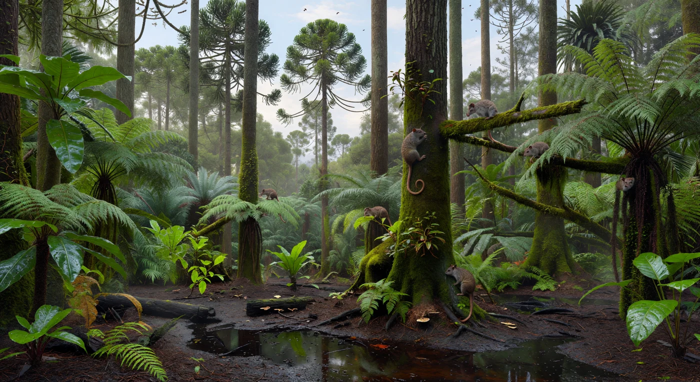 En este bosque lluvioso del Eoceno temprano de Australia, hace unos 56–47 millones de años, diminutos marsupiales arborícolas semejantes a zarigüeyas primitivas trepan con cautela por ramas cubiertas de musgo entre altas araucarias, podocarpáceas y helechos arborescentes, sobre un suelo oscuro de turba empapada. Estos pequeños australidelfios tempranos, de tipo Djarthia o peradéctido, medían apenas 10–20 cm y representan una fase muy antigua de la radiación marsupial austral, cuando Australia aún conservaba selvas cálidas y húmedas heredadas de Gondwana. La escena evoca un mundo invernadero ya separado de la Antártida, pero todavía exuberante, silencioso y saturado de humedad, donde insectos flotaban en la penumbra verde y los mamíferos seguían siendo criaturas discretas entre troncos gigantes.