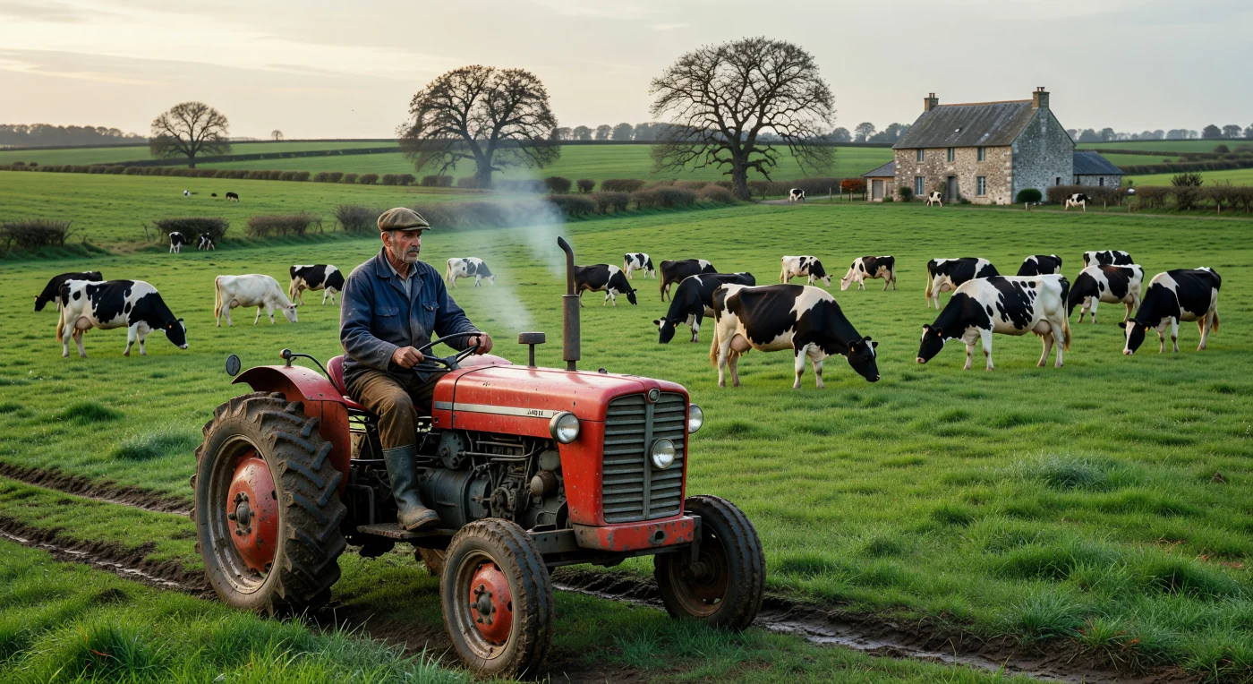A French farmer operates a red Massey Ferguson 135 tractor across the verdant pastures of Normandy circa 1975, marking a pivotal era of agricultural intensification. The vast, open field reflects the "remembrement" policy of the mid-20th century, which dismantled traditional hedgerows to accommodate industrial machinery and large Holstein-Friesian dairy herds. Dressed in a classic "bleu de travail" jacket, the farmer represents a generation navigating the transition from ancestral farming techniques to the mechanized efficiency of the Contemporary Era.