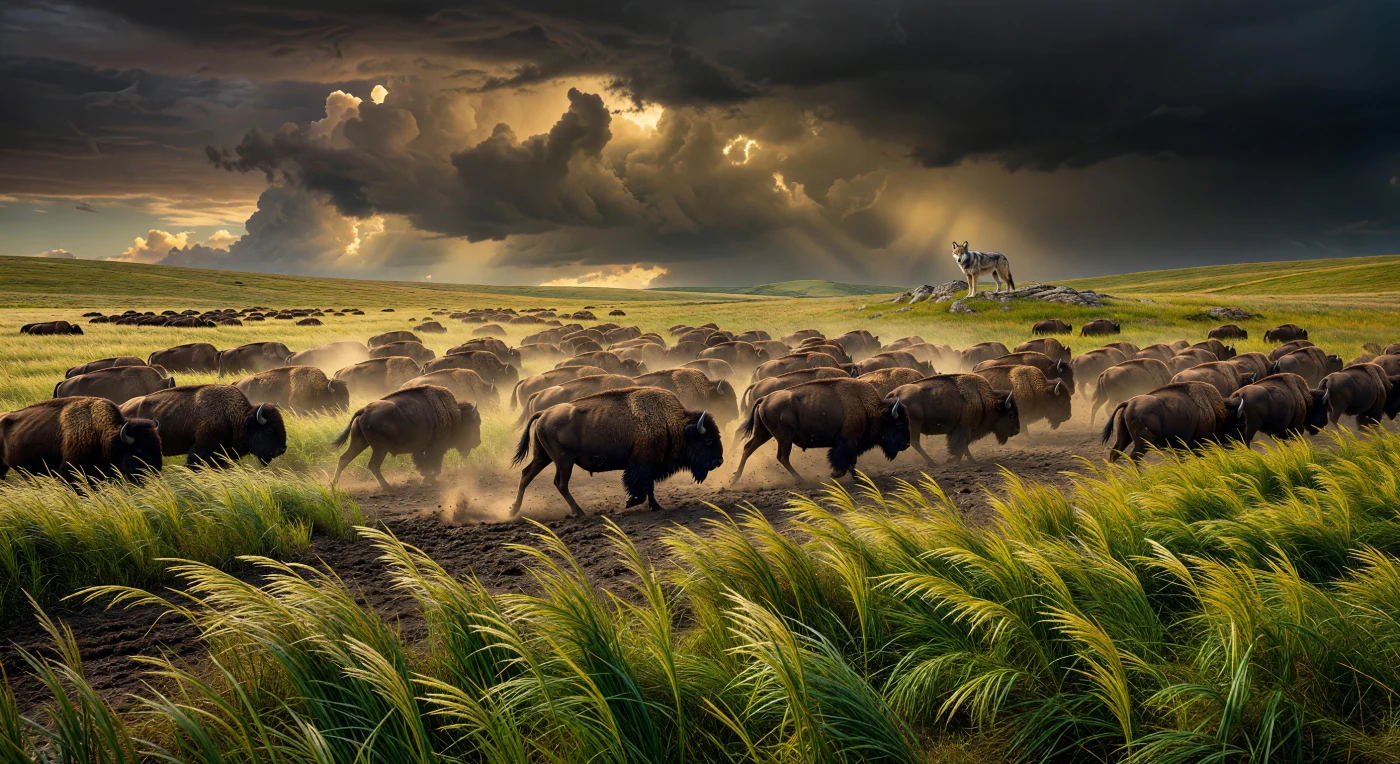 A massive herd of American Plains Bison (*Bison bison bison*) thunders across the virgin tallgrass prairie of the mid-15th century, a scene capturing the Great Plains at the height of the pre-Columbian era. This vast ecosystem was defined by the rhythmic migration of millions of bison, whose grazing and movement shaped the biodiversity of the continent's interior long before the introduction of the horse or modern fencing. In the distance, a lone gray wolf observes the herd from a granite outcrop, illustrating the raw, balanced predator-prey dynamics of the untouched North American wilderness.