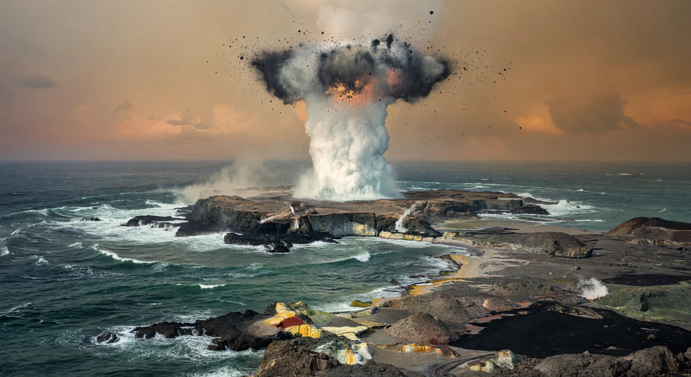 A giant meteorite slams into the ocean beside a small Archean craton, sending a towering white steam plume and dark ejecta skyward as tsunami waves race toward bare TTG and basaltic shores. Set in the Archean Eon about 3.2–2.8 billion years ago, this scene shows some of Earth’s earliest stable continental crust—low, rocky proto-continents surrounded by hot, chemically unusual seas beneath an oxygen-poor, haze-filled sky. The land is utterly barren, with no plants or animals, only volcanic rocks, hydrothermal stains, and fumaroles on a young planet still shaped by heavy impacts, intense volcanism, and the first emerging continents.