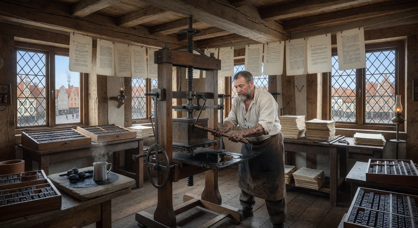 A master printer operates a massive wooden press in a sunlit Northern European workshop, his linen sleeves rolled up as he pulls the heavy bar to transfer ink to paper. This scene captures the 16th-century "printing revolution," where movable lead type and rag-based paper enabled the mass production of broadsheets and books, fundamentally transforming the spread of knowledge across the continent. The atelier features period-accurate timber-framing and leaded glass windows, reflecting the urban craftsmanship of a Hanseatic city during the transition from the Middle Ages to modernity. Surrounded by drying sheets and the tools of his trade, the printer embodies the combined intellectual and physical labor that fueled the Renaissance and the Reformation.