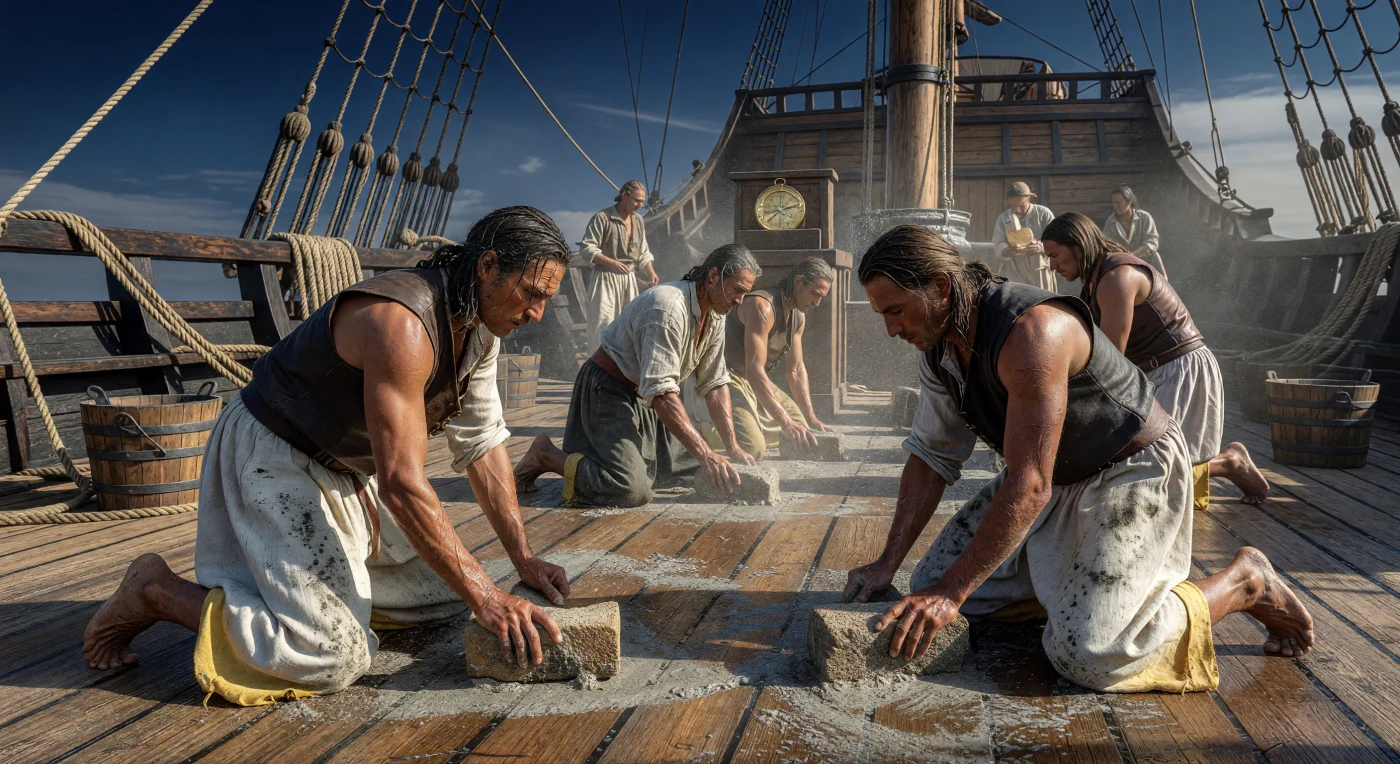 Sous la lumière crue du soleil levant, des marins à la peau tannée par les embruns frottent vigoureusement le pont en chêne d'un galion espagnol avec des pierres de grès. Ce rituel matinal éprouvant, essentiel à l'entretien du navire, transforme le mélange d'eau de mer et de sable en une pâte abrasive qui blanchit le bois tout en éliminant le sel corrosif. Vêtus de vêtements en toile grossière souvent imperméabilisés au goudron, ces hommes témoignent de la discipline de fer et des conditions de vie précaires qui régnaient sur les océans au milieu du XVIe siècle.