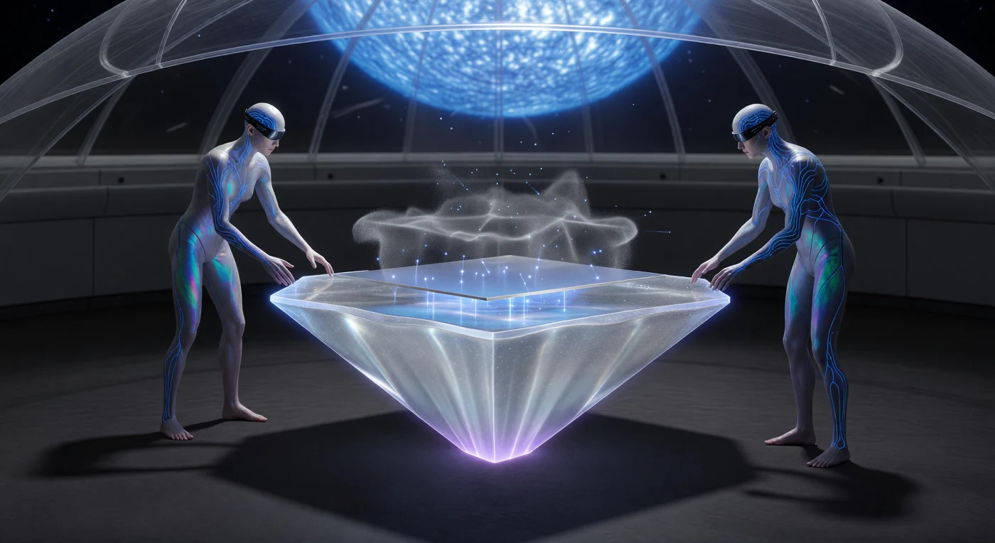 In der Ära der Kosmischen Reife, um das Jahr 82.150 n. Chr., erreichen die technologischen Fähigkeiten der post-humanen *Andromeda-Vanguard* ihren Zenit durch die direkte Manipulation subatomarer Strukturen. Die Abbildung zeigt die Femto-Synthese einer ultra-dichten Materieplatte, bei der Attosekunden-Laserpulse die starke Kernkraft modulieren, um Quarks in einem makroskopischen Gitter anzuordnen, während das Ausgangsmaterial in einer perfekten geometrischen Säule aufsteigt. Inmitten einer orbitalen Gießerei vor der Kulisse eines blauen Überriesen verschmilzt hier der Wille dieser opaleszenten Wesen mit der physikalischen Realität, wodurch die einstige Grenze zwischen Geist und Materie in der tiefen Zeit endgültig aufgehoben wird.