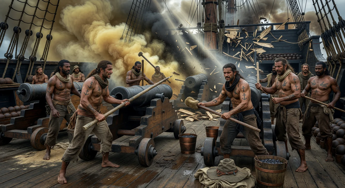 Inmitten von dichtem, schwefelhaltigem Pulverdampf und splitterndem Eichenholz bedient eine ethnisch vielfältige Mannschaft wuchtige 32-Pfünder-Glattlohrkanonen auf dem Unterdeck eines Linienschiffs des 19. Jahrhunderts. Die mit Ruß und Schweiß bedeckten Männer, deren Körper oft traditionelle Tätowierungen wie Anker oder Kruzifixe zieren, arbeiten unter extremem physischem Einsatz an den schweren Rücklauf-Lafetten, während feindliches Feuer die massiven Schiffswände durchschlägt. Diese Darstellung fängt die klaustrophobische und gewaltsame Realität der Seekriegsführung im Zeitalter der Revolutionen ein, in dem Kriegsschiffe die technologisch komplexesten und kulturell am stärksten durchmischten Räume ihrer Zeit darstellten.