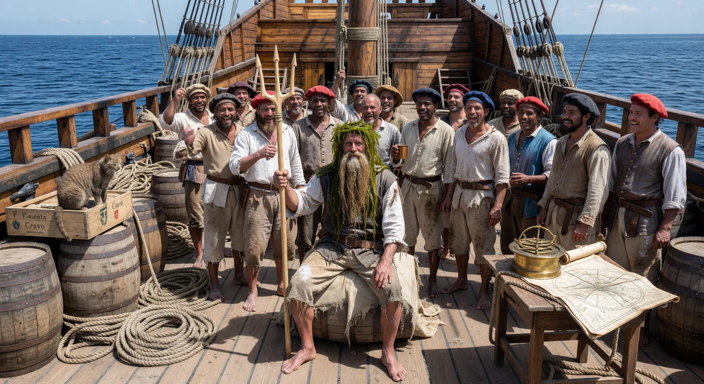 Auf dem Deck einer portugiesischen Karacke des 16. Jahrhunderts feiern Seeleute das traditionelle Ritual der Äquatortaufe, bei dem ein Besatzungsmitglied als Meeresgott Neptun mit Tangkrone und hölzernem Dreizack thront. Inmitten der drückenden Hitze der Kalmen markiert diese Zeremonie den symbolischen Übergang in die südliche Hemisphäre und bot der multiethnischen Crew einen seltenen Moment der Ausgelassenheit während der entbehrungsreichen Überseereisen. Die Szene fängt die raue Atmosphäre des Zeitalters der Entdeckungen ein, in dem wissenschaftliche Navigation und maritimer Aberglaube auf den weiten Ozeanen der Renaissance aufeinandertrafen.