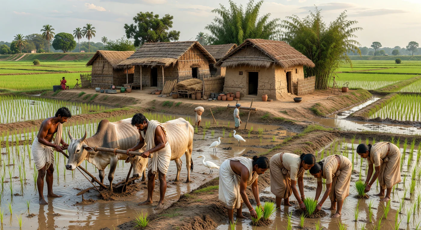 In dit warme, met water gevulde rijstlandschap van Magadha zien we boeren uit de 3e eeuw v.Chr. die met bultige zebu-ossen een houten ploeg met ijzeren punt door de modder trekken, terwijl vrouwen jonge rijstplantjes uitzetten tussen witte reigers. Op de iets hogere oever staan eenvoudige huizen van vlechtwerk en leem met rieten daken, het soort dorpsnederzetting dat het vruchtbare midden van de Gangesvlakte kenmerkte. Deze scène behoort tot de Maurya-periode, toen Magadha met steden als Pataliputra het politieke hart van Zuid-Azië vormde en de welvaart van het rijk in hoge mate steunde op intensieve landbouw, ijzeren werktuigen en de arbeid van plattelandsgemeenschappen.