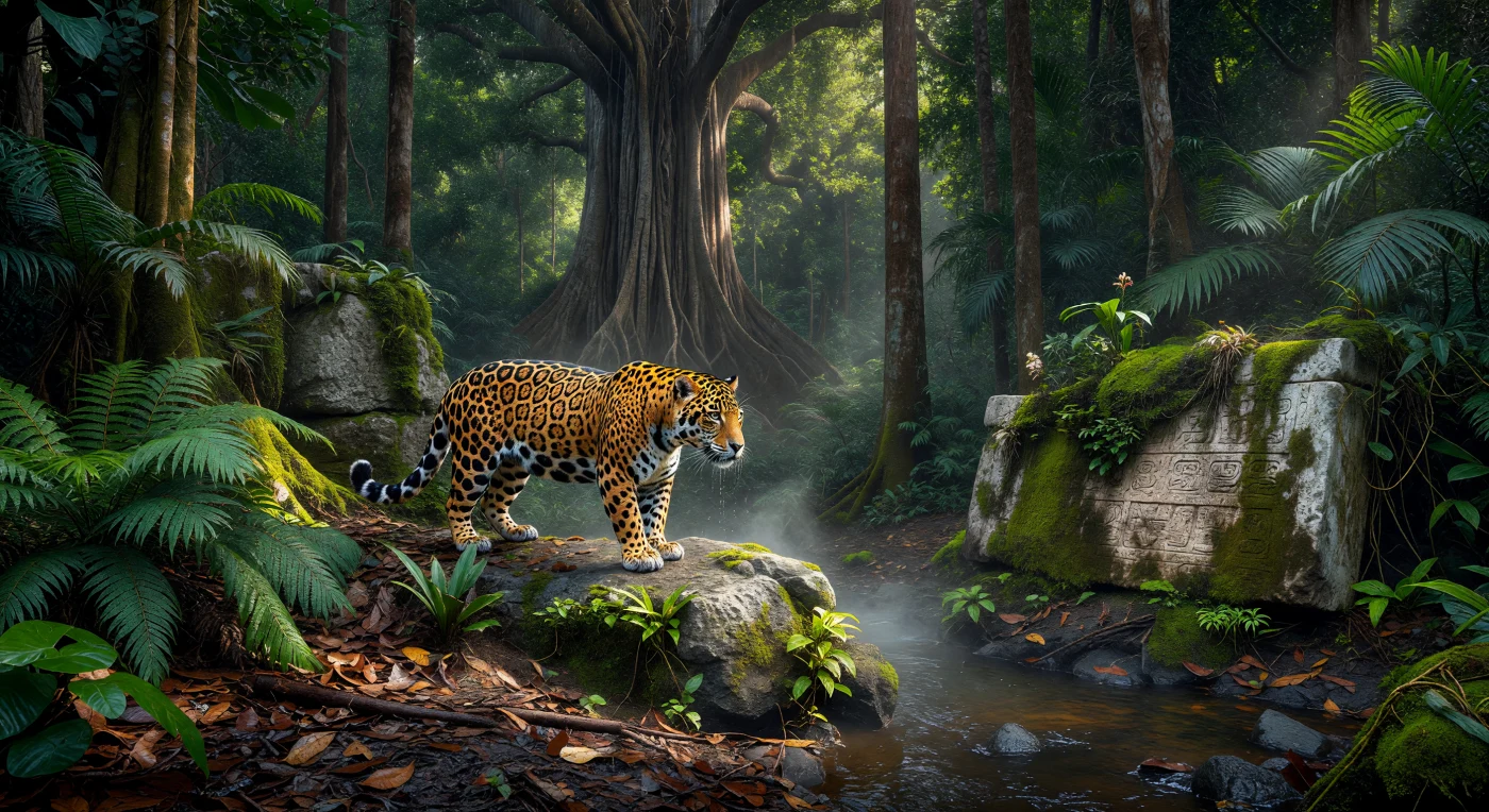 Ein kräftiger Jaguar streift mit geschmeidiger Eleganz durch den feuchten Petén-Regenwald des 4. Jahrhunderts, flankiert von den massiven Brettwurzeln heiliger Ceiba-Bäume und verwitterten Kalksteinfelsen. Inmitten der üppigen Vegetation zeugt ein mit Glyphen verzierter Grenzstein von der Präsenz der frühen Maya-Klassik, für die der Jaguar ein zentrales Symbol göttlicher und weltlicher Macht darstellte. Diese Szene illustriert eindrucksvoll das spannungsreiche Zusammenspiel zwischen einer der fortschrittlichsten Zivilisationen der Spätantike und der ungezähmten Wildnis Mittelamerikas.