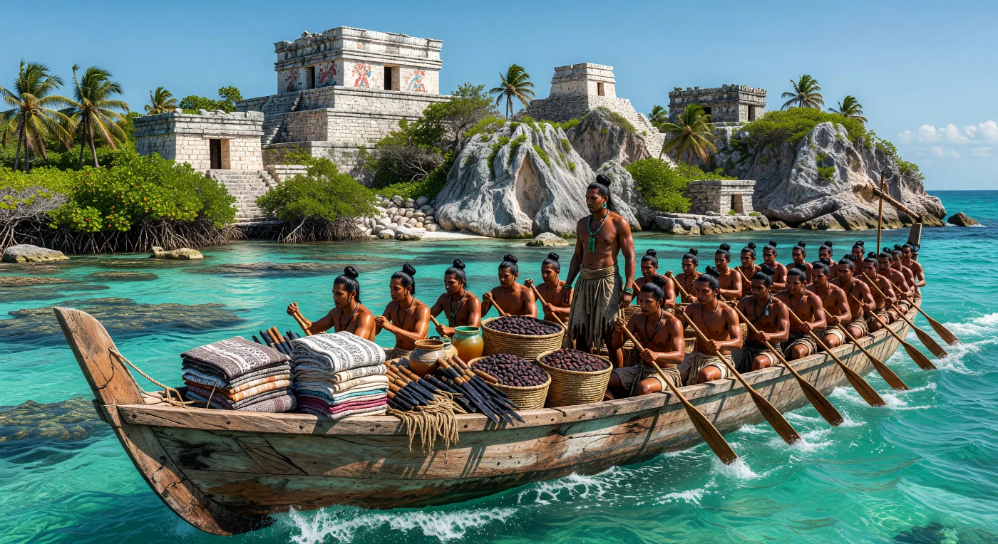 A massive Maya trading vessel, carved from a single cedar trunk, navigates the turquoise waters beneath the walled city of Tulum in the late 15th century. This scene illustrates the vibrant maritime commerce of the Postclassic period, where large dugout canoes manned by dozens of rowers transported high-value goods like fermented cacao beans, textiles, and obsidian across the Caribbean. In the background, the iconic "El Castillo" temple rises from the limestone cliffs, its brilliant white lime stucco and painted friezes serving as a vital landmark for seafaring merchants.