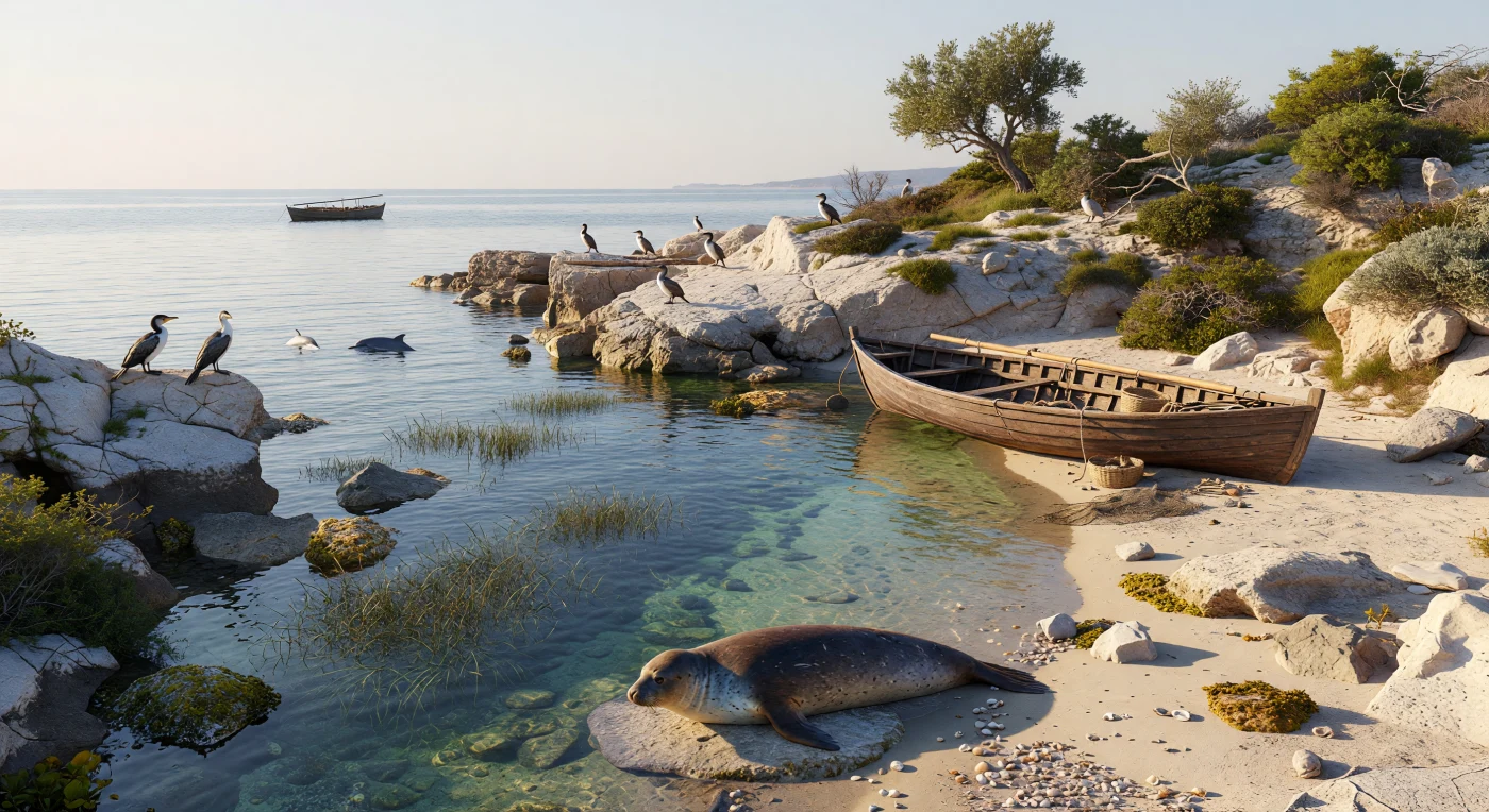 On a quiet eastern Mediterranean shore in the Hellenistic age, a Mediterranean monk seal basks on pale rocks above clear blue-green water, while cormorants perch nearby and dolphins surface farther offshore. Visible meadows of Posidonia seagrass and sparse salt-tolerant vegetation evoke the richness of ancient coastal ecosystems that sustained fishing communities across the Aegean and Levant. In the distance, a small beached fishing skiff hints at human presence without disturbing a scene that reflects the natural maritime world of the 3rd–2nd centuries BC.