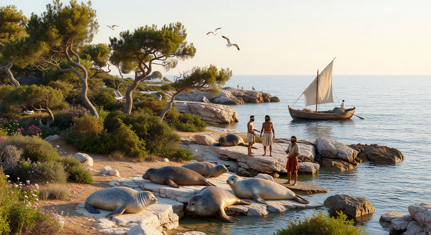 On a remote eastern Mediterranean coast, Mediterranean monk seals bask on sunlit limestone ledges beneath wind-shaped pines and dense maquis, while gulls circle above the clear water. In the distance, a small Bronze Age fishing boat with a single square sail passes offshore, suggesting the maritime lifeways of Aegean or Levantine communities around the late second millennium BCE. The scene evokes a coastline that was both lightly used by humans and rich in native marine wildlife, including a seal species far more widespread in antiquity than it is today.
