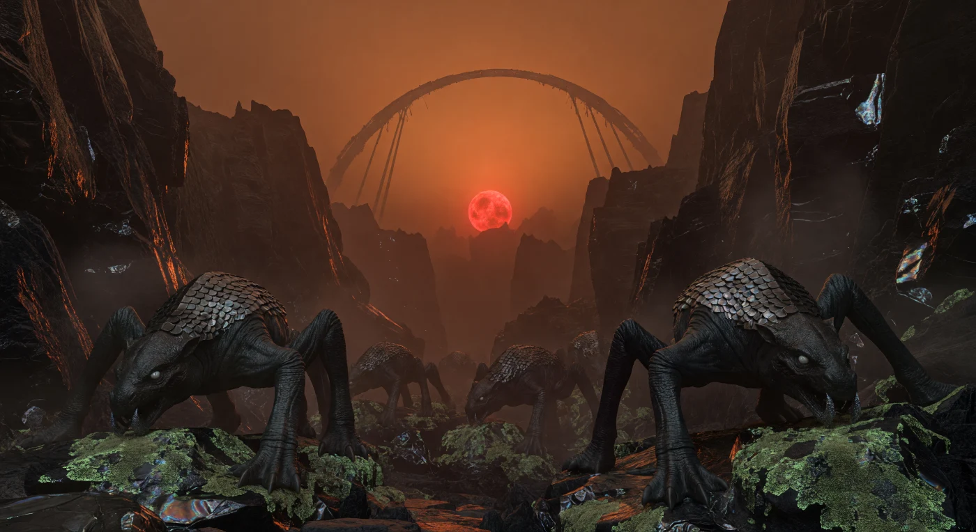 Em uma garganta de obsidiana sob a gravidade esmagadora de 6g, megafaunas hexápodes projetadas raspam líquens quimiossintéticos com mandíbulas reforçadas de carbeto de tungstênio. Estes organismos massivos, típicos da Era Galáctica (aprox. 5.000–20.000 d.C.), possuem couraças de liga de molibdênio e patas sismossensoriais adaptadas para navegar na densa névoa de argônio dos mundos de alta gravidade. Ao fundo, a silhueta de um anel orbital ancorado por colunas de nitreto de boro evoca a sofisticação de uma era em que a vida foi redesenhada para prosperar sob o peso colossal de poços gravitacionais profundos.