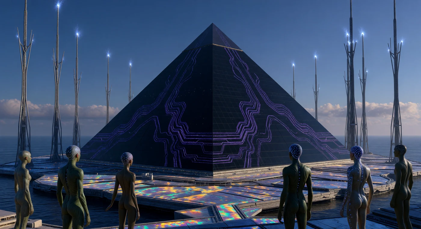 Cette hyper-pyramide d'obsidienne de 800 mètres, érigée sur une plateforme hexagonale flottante dans le Pacifique, témoigne de l'apogée de la Grande Divergence (2200–2500 de notre ère), une époque charnière où l'humanité s'est scindée en paradigmes biologiques et technologiques distincts. On y observe des Terrestres Bio-Intégrés, dont la physiologie gracile et la peau biosynthétique renforcée de réseaux de chitine illustrent une adaptation évolutive radicale aux contraintes d'un environnement terrestre transfiguré. Les réseaux vasculaires gravés dans le verre noir pulsent d'une lumière ultraviolette pour refroidir l'intelligence artificielle planétaire, tandis que d'immenses pylônes cinétiques de deux kilomètres stabilisent l'atmosphère, ancrant cette « Cathédrale de Données » dans l'immensité du temps profond.