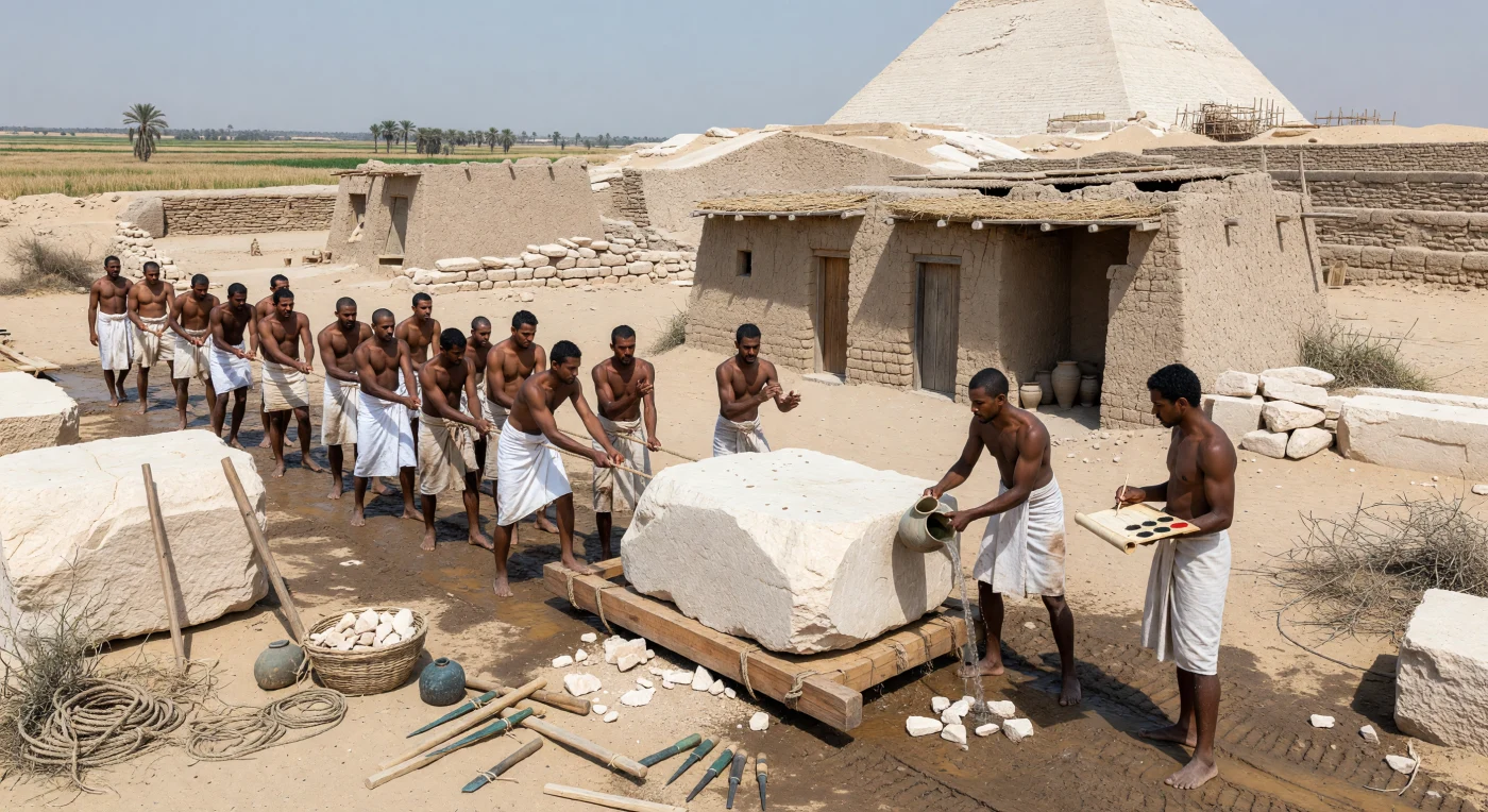 古王国時代のメンフィス西方墓域では、労働隊が水で湿らせた地面の上を木製そりで淡いトゥーラ石灰岩の巨石を引き、脇では書記が葦筆と顔料盤を手に作業量を記録している。画面には短い亜麻布の腰衣をまとった作業者、銅ののみや手斧、日干し煉瓦の宿舎、そしてマスタバ墓の向こうにそびえるピラミッド複合体が見え、国家が組織した大規模建設の現場が生き生きと再現されている。こうした工事は奴隷労働ではなく、季節的に動員され食糧と住居を支給された労働者集団によって支えられていたことが、近年の考古学研究で明らかになっている。