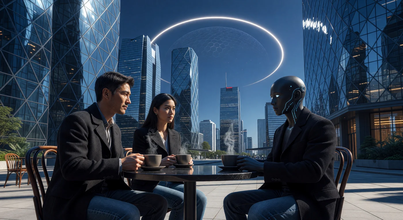 In een moleculair perfect Neo-Tokyo rond het jaar 450.000 n.Chr. zien we de interactie tussen genetisch gereconstrueerde Bio-Replica’s van de vroege *Homo sapiens* en een 'Pelgrim' gehuld in een synthetische Avatar-Sleeve. Dit tafereel op Terra Memoria wordt verlicht door de Sol-Dyson-schil, een Kardasjev Type II-megastructuur die de planetaire condities en tektoniek in een eeuwige, smetteloze stase houdt. Terwijl de replica's een zorgvuldig beheerd 21e-eeuws narratief herbeleven in hun wollen jassen, bieden de zelfherstellende wolkenkrabbers en de gloeiende orbitale hitteafvoerring een blik op een tijdperk waarin menselijke archetypen en stellaire techniek volledig zijn versmolten.