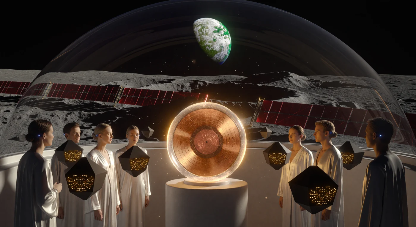 In de "Zaal van de Voorouderen" op het maanoppervlak observeren bio-pure *Homo sapiens* en geometrische SIM-drones de Voyager Golden Record, een iconisch artefact uit de vroege ruimtevaart. Dit tafereel uit het Tijdperk van Kosmische Volwassenheid (ca. 20.000 – 100.000 n.Chr.) toont de technologische convergentie van een Type II-beschaving, waarbij de verre Aarde als een zorgvuldig hersteld museum aan de horizon prijkt. Terwijl de oorspronkelijke menselijke vorm in ere wordt gehouden door de 'Baselines', verraden de roodgloeiende warmteafvoerders op de achtergrond de enorme energie van de ondergrondse Kugelblitz-reactoren die deze monumentale koepel van diamantglas ondersteunen.