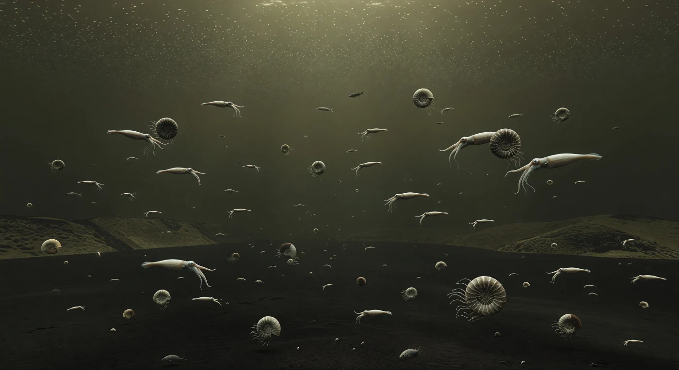 Dans cette mer épicontinentale de Laurasia, il y a environ 183 millions d’années, la lumière filtre à peine à travers une eau vert gris chargée de dinoflagellés et de coccolithophores, où nagent des bélemnites Passaloteuthis et des ammonites Dactylioceras dans la couche supérieure encore oxygénée. Plus bas, la scène bascule brutalement vers une colonne d’eau sombre, stagnante et riche en sulfures, presque vide de vie, au-dessus d’une boue noire finement laminée qui formera plus tard les schistes noirs du Toarcien. Cette stratification extrême illustre l’Événement Anoxique Océanique du Toarcien, une crise marine du Jurassique inférieur durant laquelle de vastes fonds marins sont devenus asphyxiés, favorisant l’accumulation exceptionnelle de matière organique et l’enfouissement silencieux des coquilles dans les ténèbres du bassin.