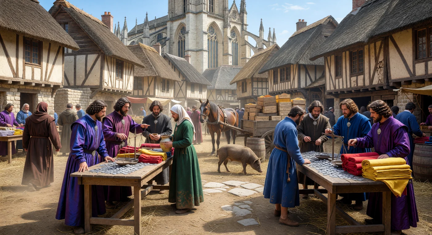En esta bulliciosa plaza de Provins durante el siglo XIII, mercaderes italianos ataviados con sedas vibrantes negocian con comerciantes flamencos sobre pesadas mesas repletas de denarios de plata y textiles teñidos. La escena recrea el apogeo de las Ferias de Champaña, un nexo comercial crucial que conectaba los lujos del Mediterráneo con la producción del norte de Europa bajo la sombra de las nacientes catedrales góticas. Entre casas de entramado de madera y el trasiego de monjes y animales de carga, el uso de balanzas de precisión y telas de alta calidad refleja el sofisticado corazón financiero y el dinamismo económico de la Plena Edad Media.