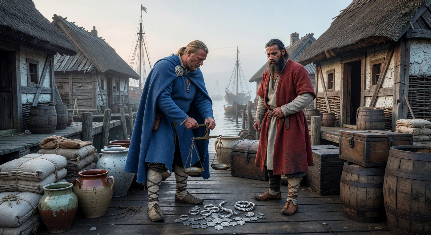 En un muelle de roble del siglo IX envuelto por la bruma, un mercader frisio y un comerciante eslavo utilizan una balanza de bronce para pesar "hack-silver", fragmentos de joyas y monedas cortadas que servían como moneda de cambio por su peso en metal precioso. Esta meticulosa transacción en un emporio del Mar del Norte destaca la sofisticada economía de lingotes y el intercambio cultural entre los pueblos germánicos y eslavos de la época. Rodeados de ánforas de cerámica y fardos de lino, los comerciantes operan en un mundo donde la plata, proveniente incluso de regiones tan lejanas como el Califato Abasí, era el motor de una red comercial global en pleno desarrollo.
