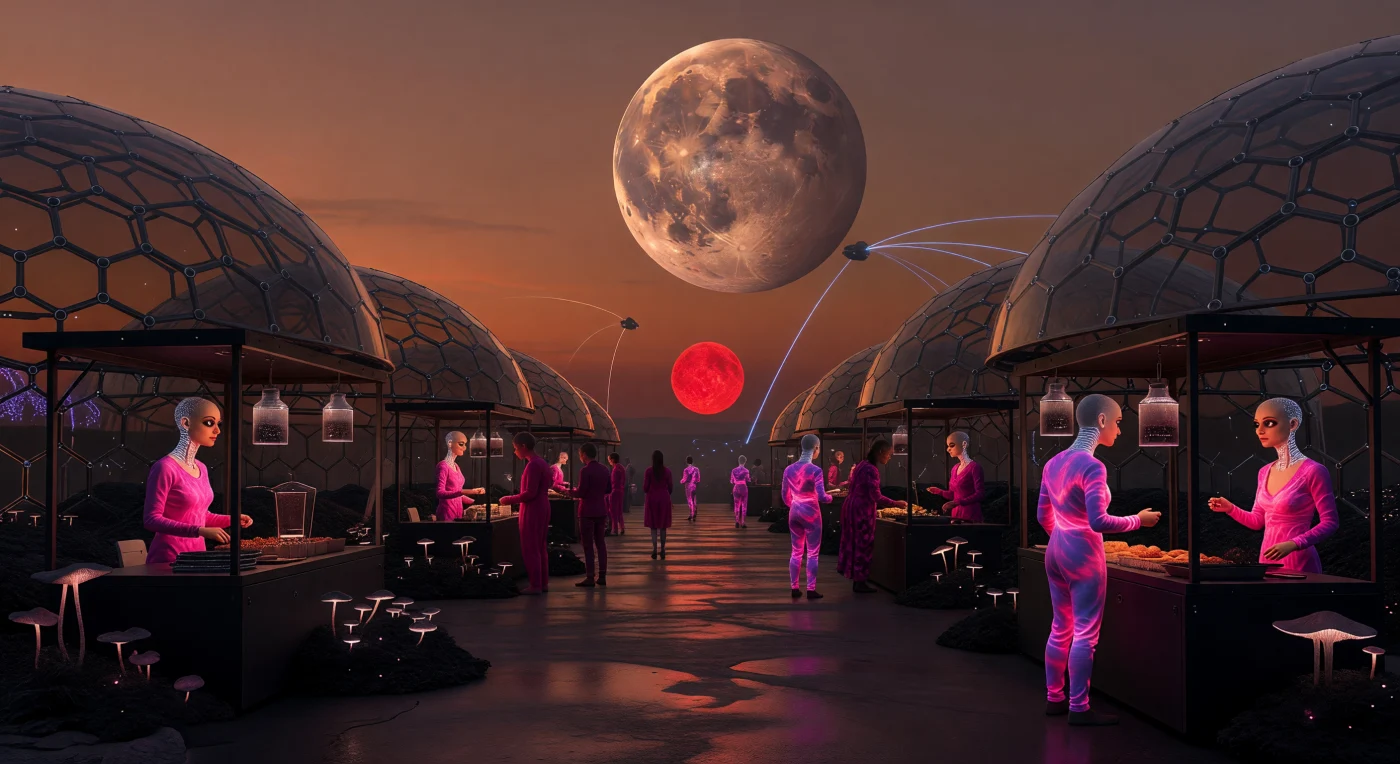 Nesta vista do crepúsculo perpétuo em TRAPPIST-1e, membros da linhagem *Atmos* reúnem-se sob domos de obsidiana enquanto o gigante TRAPPIST-1d domina o céu purpúreo. Durante a Alvorada Interestelar (3000–5000 d.C.), estes humanos bioengenheirados com alvéolos sintéticos e vestes bioluminescentes adaptaram-se às condições atmosféricas do sistema Septem-Virate. Sob o brilho carmesim de uma estrela anã ultra-fria, a cena ilustra a persistência da vida na estreita zona de terminador de um mundo gravitacionalmente travado, onde a biologia e a tecnologia de nanofabricação se fundem em uma ecologia única.