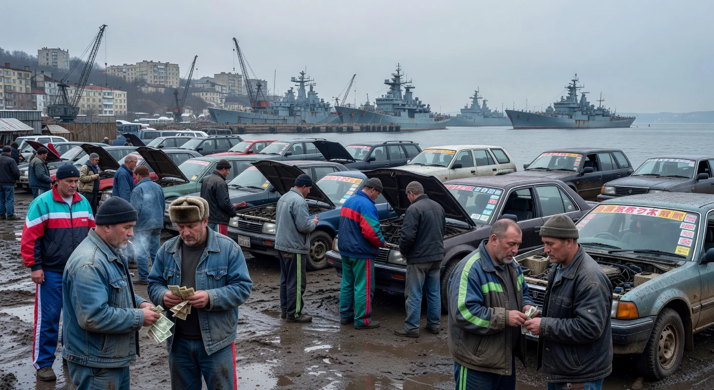 En un mercado de Vladivostok sumergido en el lodo y la neblina de 1995, comerciantes con vestimentas típicas de la era postsoviética ofrecen vehículos japoneses importados bajo la sombra de los imponentes buques de guerra de la Flota del Pacífico. Tras la caída de la URSS, este puerto se transformó en un centro vital de comercio informal, donde la llegada masiva de coches con volante a la derecha simbolizaba tanto la nueva apertura económica como la lucha por la supervivencia en una región altamente militarizada. La escena ilustra el crudo contraste entre el declive del poderío naval soviético y el caótico nacimiento del capitalismo de mercado en el Lejano Oriente ruso.
