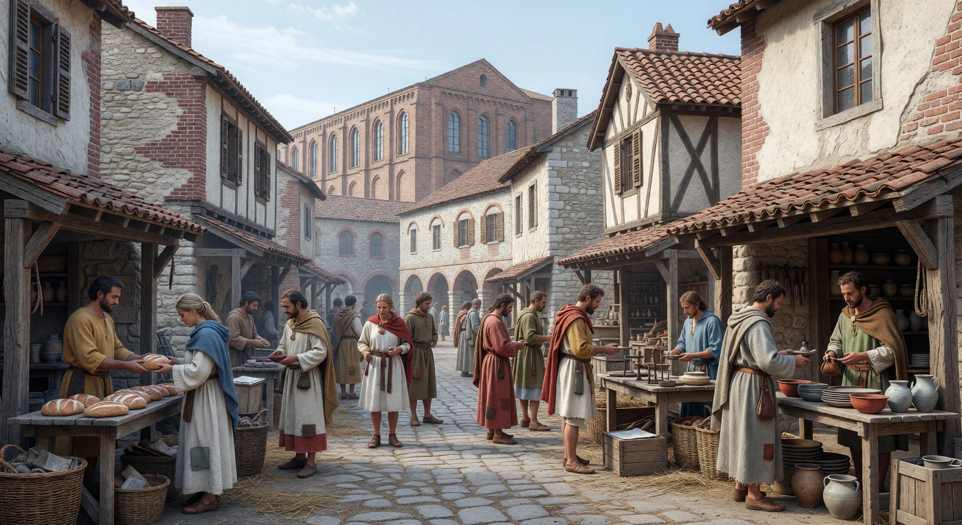 En esta calle de Augusta Treverorum, la actual Tréveris, los vecinos compran pan y cerámica entre tiendas de madera abiertas sobre sólidos edificios romanos de piedra y ladrillo, mientras al fondo se alza la imponente basílica imperial. La escena muestra una ciudad del siglo IV en plena Antigüedad tardía, cuando Tréveris fue una de las principales residencias imperiales del norte de la Galia y un centro administrativo clave del Imperio romano. Las túnicas ceñidas, las braccae, las capas con capucha y los objetos cotidianos —balanzas, tablillas de cera, ánforas y vajilla importada— revelan cómo la vida diaria en esta metrópoli fronteriza seguía profundamente conectada con las redes comerciales y la cultura material de Roma.