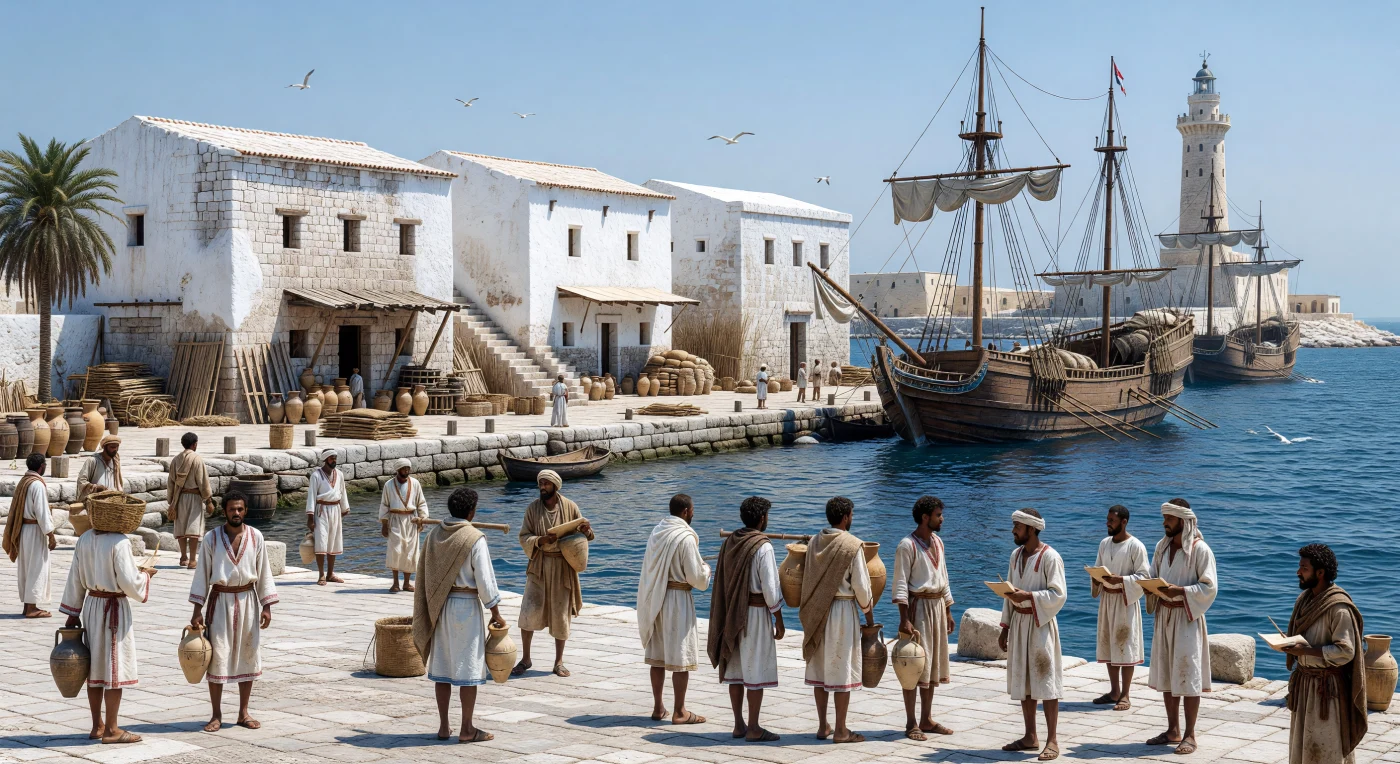 No Grande Porto de Alexandria, no fim do século II a.C., estivadores gregos, egípcios, levantinos e núbios descarregam ânforas e sacos de cereal sobre cais de pedra gastos pelo sal, enquanto mercadores registam cargas diante de armazéns caiados e do farol de Faros ao longe. Sob o domínio ptolemaico, Alexandria era um dos centros comerciais mais movimentados do Mediterrâneo, ponto de encontro de línguas, povos e mercadorias vindas do Egeu, do Levante e do vale do Nilo. A cena revela como o poder da cidade dependia do mar: navios mercantes de vela quadrada, carregamentos de grão egípcio e uma logística portuária que ajudava a alimentar e a ligar grande parte do mundo helenístico.