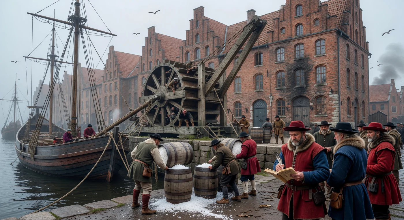 Nesta cena do final do século XV, mercadores da Liga Hanseática supervisionam o descarregamento de barris de "ouro branco" em um cais de Lübeck, utilizando um imponente guindaste de tração humana feito de carvalho. Ao fundo, os icônicos armazéns de tijolos vermelhos com frontões escalonados destacam o poder econômico desta rede comercial que dominou o Mar Báltico e o Mar do Norte. O sal era uma mercadoria vital para a preservação de alimentos, servindo como o motor da economia marítima europeia antes da era das grandes explorações transatlânticas.
