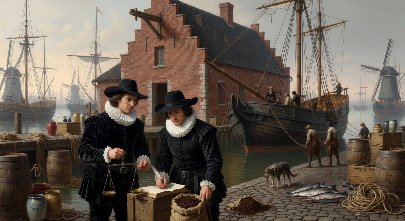 Nesta cena vívida das docas de Amsterdã por volta de 1660, mercadores da próspera classe burguesa, trajando veludo negro e golas rufas de linho, inspecionam meticulosamente sacas de pimenta e cravo enquanto um navio do tipo *fluyt* atraca junto a imponentes armazéns de tijolos vermelhos. A composição, banhada por uma luz que remete aos mestres da pintura holandesa, ilustra o auge da Idade de Ouro, período em que a Companhia Holandesa das Índias Orientais (VOC) estabeleceu Amsterdã como o epicentro do comércio global. Este movimentado entreposto marítimo simboliza a ascensão do capitalismo comercial europeu, conectando mercados distantes através de uma rede naval e financeira sem precedentes na Época Moderna.