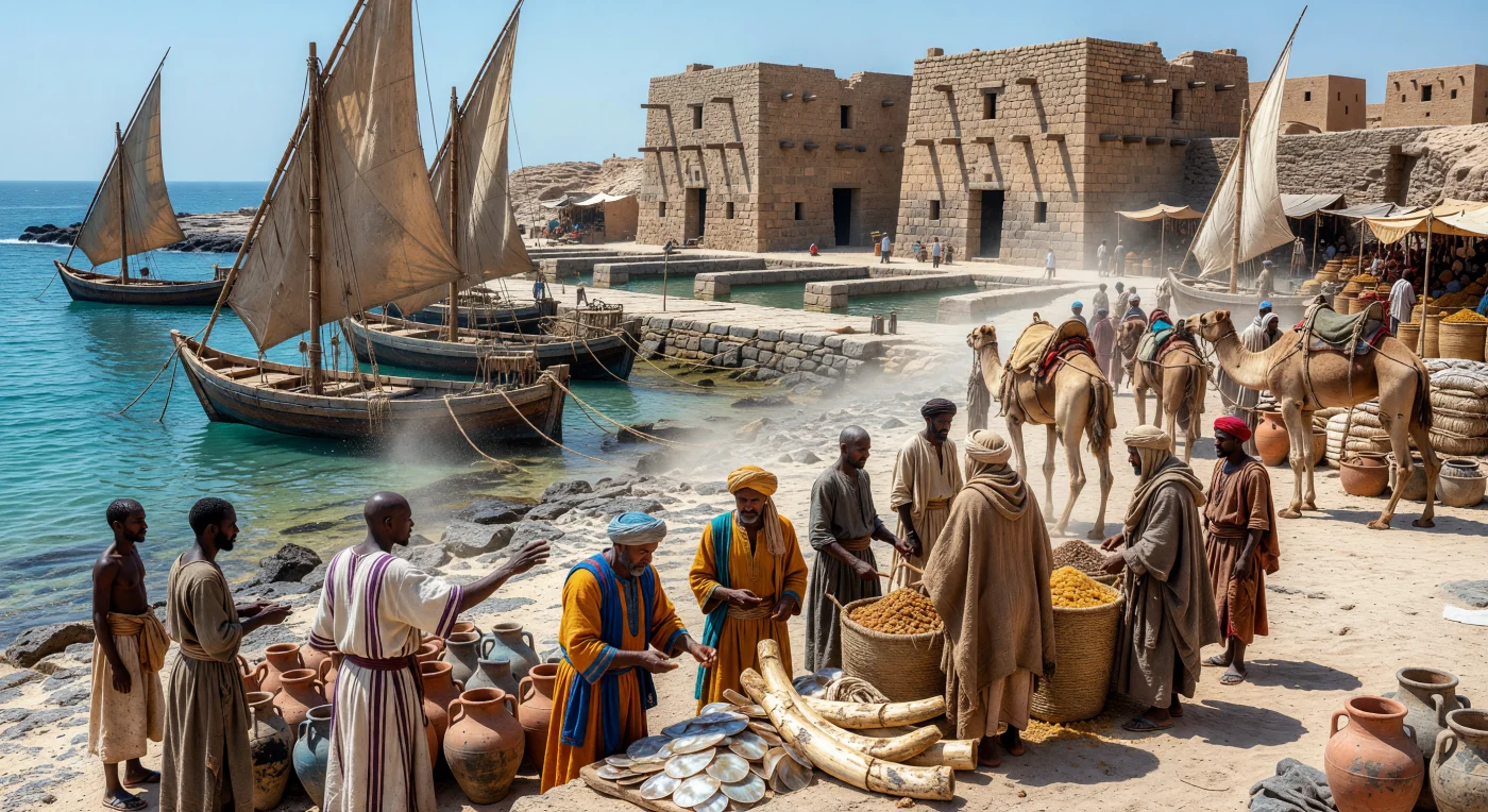 Sulla costa rocciosa di Adulis, fulcro commerciale del Regno di Axum, mercanti africani, egizi e indiani negoziano tra zanne d’avorio e anfore, all'ombra di imponenti magazzini costruiti con la tecnica a "testa di scimmia". In questo crocevia cosmopolita del IV secolo, dromedari carichi di incenso attendono presso il molo dove sono attraccate navi dalle assi cucite con fibre di cocco. La scena cattura l'essenza di un'epoca in cui il Mar Rosso collegava l'opulenza del Mediterraneo romano alle ricchezze dell'Oceano Indiano.