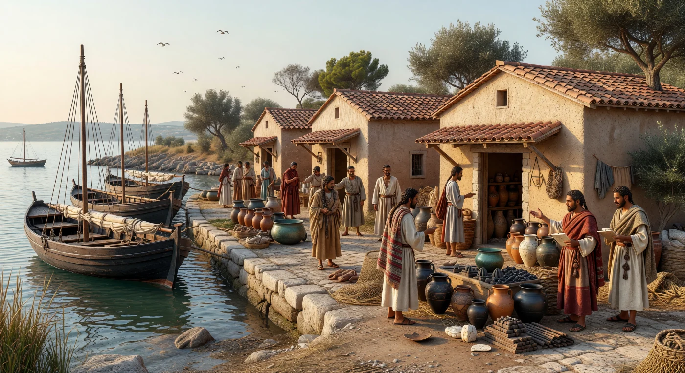 Su questo molo etrusco della costa tirrenica del VI secolo a.C., mercanti avvolti in mantelli di lana fissati da fibule di bronzo contrattano tra anfore impilate, lucide ceramiche di bucchero nero e lingotti di metallo, davanti a magazzini in mattoni crudi dai tetti di tegole. Le navi onerarie attraccate, costruite con tavole cucite o incastrate e coperte di pece, evocano un mondo marittimo intensamente connesso. Porti come Pyrgi, Gravisca e Populonia furono nodi vitali degli scambi etruschi, dove merci, tecniche e idee provenienti dal mondo greco, fenicio e cipriota circolavano insieme alla ricchezza metallurgica dell’Italia centrale.