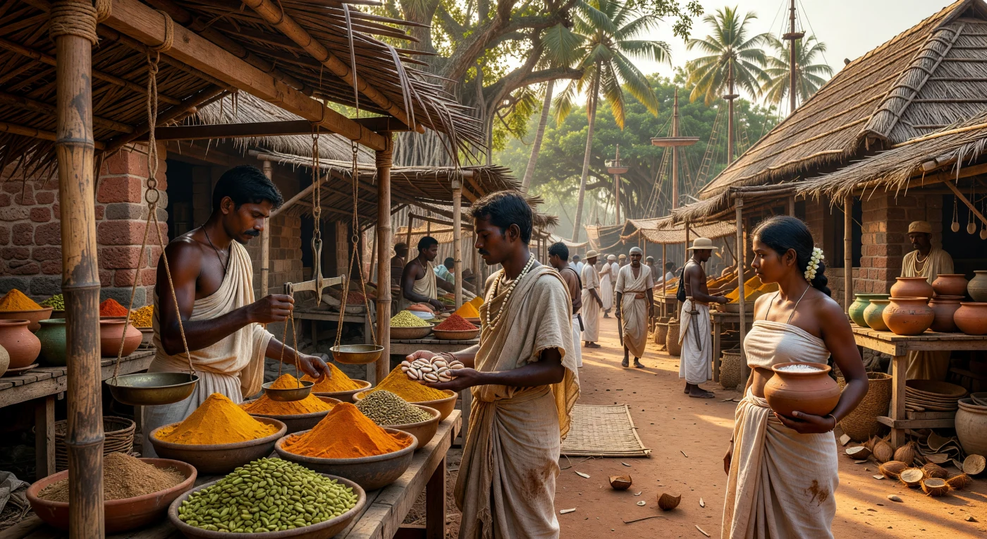 Sotto le tettoie in foglie di palma del porto di Quilon, un mercante dravidico pesa con cura cumuli di curcuma e cardamomo utilizzando bilance di bronzo, mentre i popolani scambiano conchiglie di ciprea per anfore di vino di palma. Questa scena del XII secolo illustra la vibrante economia della costa del Malabar, un nodo cruciale dove le rotte marittime dell'Impero Chola collegavano l'India ai mercati globali dell'Oceano Indiano. L'architettura in pietra lateritica e le navi mercantili all'orizzonte testimoniano la ricchezza di un'epoca d'oro definita dal commercio delle spezie e da una complessa stratificazione sociale.