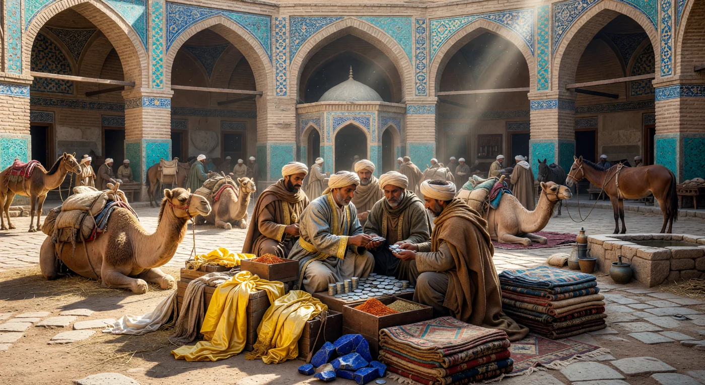 In this 12th-century Seljuk caravanserai, merchants and their dromedary camels rest within a courtyard defined by intricate "Hazar-baf" brickwork and vibrant turquoise glazed tiles. The scene depicts the exchange of silver dirhams for luxury goods like raw silk and geometric wool carpets, highlighting the bustling economic life of the Silk Road. These fortified inns served as vital nodes for trade and cultural exchange, linking the diverse peoples of the Persianate world during the High Middle Ages.