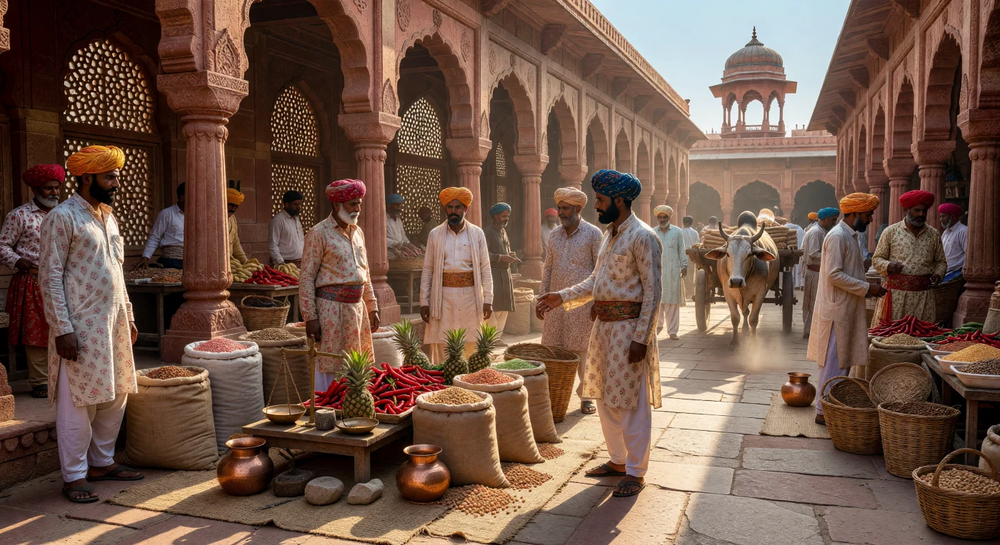 This scene captures the vibrant commerce of a bazaar in Fatehpur Sikri, the red sandstone capital of the Mughal Emperor Akbar, during the late 16th century. Merchants dressed in fine muslin *jamas* and colorful turbans display a mix of traditional Indian staples, like lentils, alongside exotic New World imports such as red chili peppers and pineapples, recently introduced by Portuguese traders. The architectural backdrop of intricate *jali* screens and heavy sandstone arches illustrates the height of Indo-Islamic design, reflecting a period of immense wealth and expanding global trade networks.