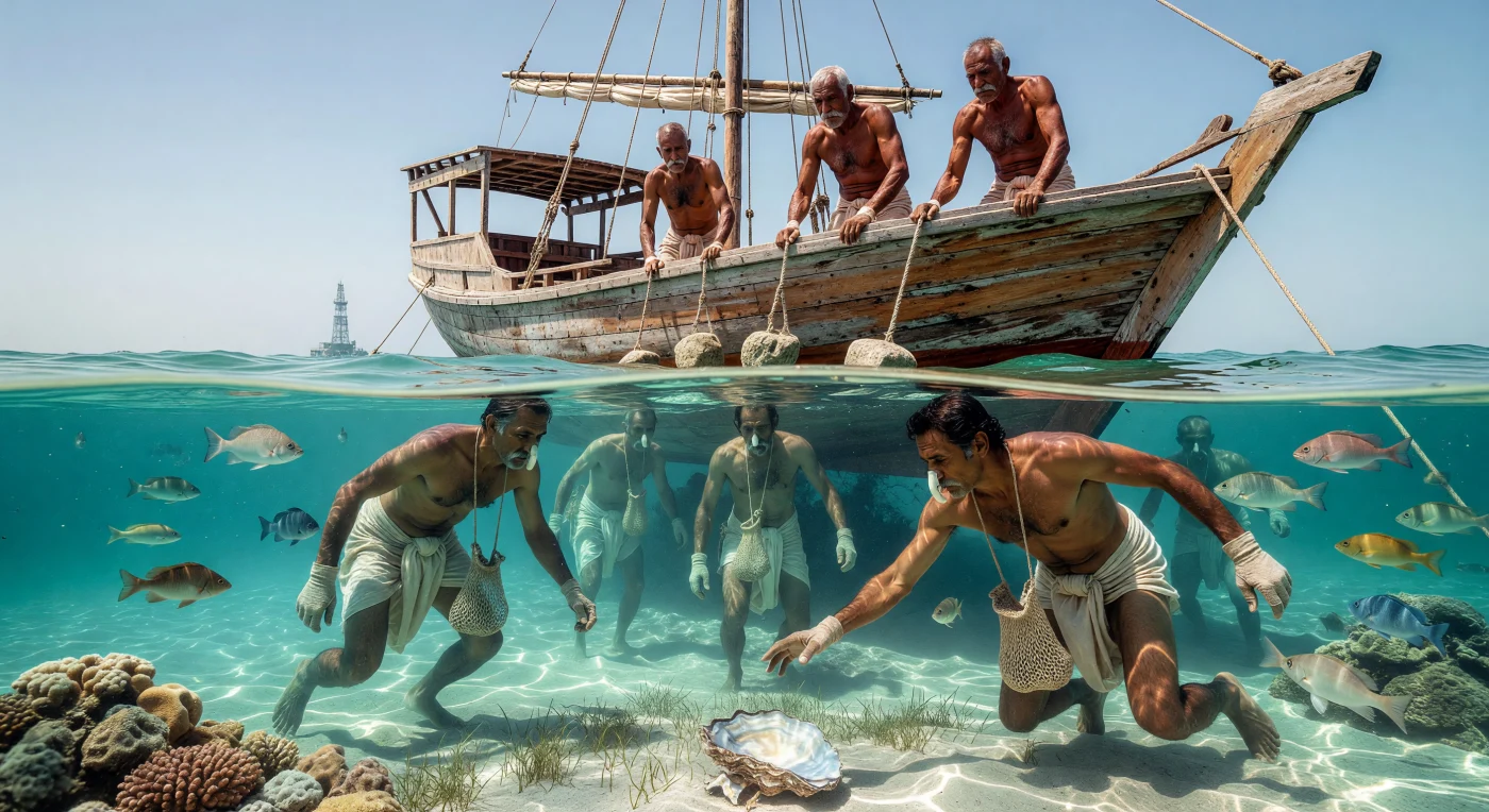 Esta imagem captura os últimos anos da tradicional indústria de pérolas no Golfo Pérsico, mostrando mergulhadores que utilizam prendedores de nariz de osso e cestas de malha para colher ostras em águas cristalinas a partir de um *sambuk* de madeira. Enquanto estes homens realizam o trabalho árduo que sustentou a economia regional por milênios, a silhueta de uma torre de petróleo no horizonte sinaliza o início de uma nova era de modernização acelerada e riqueza mineral. Este momento histórico representa a transição definitiva entre o patrimônio ancestral e a transformação socioeconômica radical que redefiniu o Oriente Médio em meados do século XX.