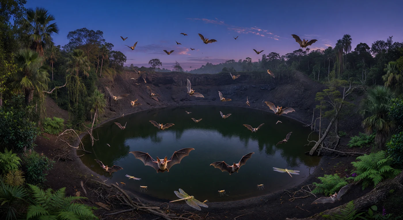 लगभग 4.7 करोड़ वर्ष पहले, प्रारंभिक इओसीन काल में जर्मनी के मेसेल की ज्वालामुखीय मार झील के ऊपर सांझ ढलते ही छोटे आदिम चमगादड़ों—ओनाइकोनाइक्टेरिस फिन्नेयी और इकारोनाइक्टेरिस इंडेक्स—के झुंड 25–40 सेमी पंख फैलाव के साथ गहरे, शांत जल पर फड़फड़ाते दिखाई देते हैं, जबकि बड़ी व्याधपतंगें सतह को छूती हुई उड़ती हैं। खड़ी क्रेटर-दीवारों पर बेसाल्टी टफ और राख-समृद्ध ज्वालामुखीय अवसाद झलकते हैं, और चारों ओर ताड़, लॉरेल, फर्न, दलदली सरू तथा डॉन-रेडवुड संबंधियों से भरा गर्म, आर्द्र उपोष्णकटिबंधीय वन धुंधलके में विलीन हो रहा है। मेसेल के असाधारण जीवाश्म हमें चमगादड़ों के प्रारंभिक विकास की दुर्लभ झलक देते हैं—ओनाइकोनाइक्टेरिस की पाँचों उँगलियों पर पंजे और इकारोनाइक्टेरिस की अधिक परिष्कृत उड़ान-रचना इस बात का संकेत हैं कि स्तनधारियों की यह वंशावली तब भी उड़ान और प्रतिध्वनि-आधारित शिकार जैसी क्षमताओं के प्रयोगात्मक चरणों में थी।