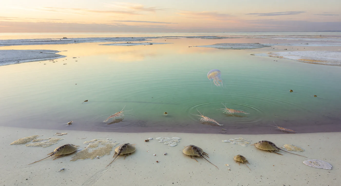 In the still, restricted waters of a Late Jurassic Solnhofen-type lagoon in southern Germany, about 150 million years ago, small horseshoe crabs of the genus Mesolimulus rest and crawl across pale lime mud while delicate Aeger crustaceans hover nearby beneath a calm, milky-turquoise surface. A drifting jellyfish and the darker, oxygen-poor lower water hint at the lagoon’s strong stratification, a condition that helped create the famously fine-grained Solnhofen limestones. This sheltered carbonate-island setting preserves a rare glimpse of life in a quiet tropical back-lagoon, far from the open sea.