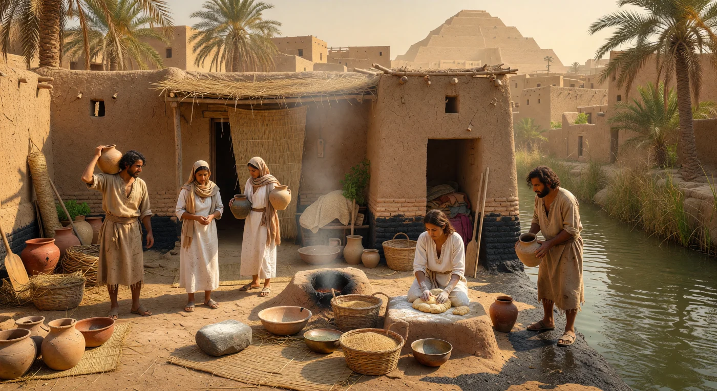 In diesem Innenhofhaus am Kanal im Babylon des 4. Jahrhunderts v. Chr. tragen Frauen Wasserkrüge, kneten Gerstenteig und verrichten die tägliche Hausarbeit auf festgestampftem Boden zwischen Schilfmatten, Tongefäßen und einem niedrigen Lehmofen. Die dicken Lehmziegelmauern, stellenweise mit schwarzem Bitumen abgedichtet, zeigen, wie eng das städtische Leben mit den Wasserwegen Südmesopotamiens verbunden war. Im flirrenden Hintergrund erhebt sich eine gewaltige Zikkurat über der staubfarbenen Stadt und erinnert daran, dass Babylon trotz des politischen Übergangs von achaimenidischer zu hellenistischer Herrschaft ein bedeutendes religiöses und kulturelles Zentrum blieb.
