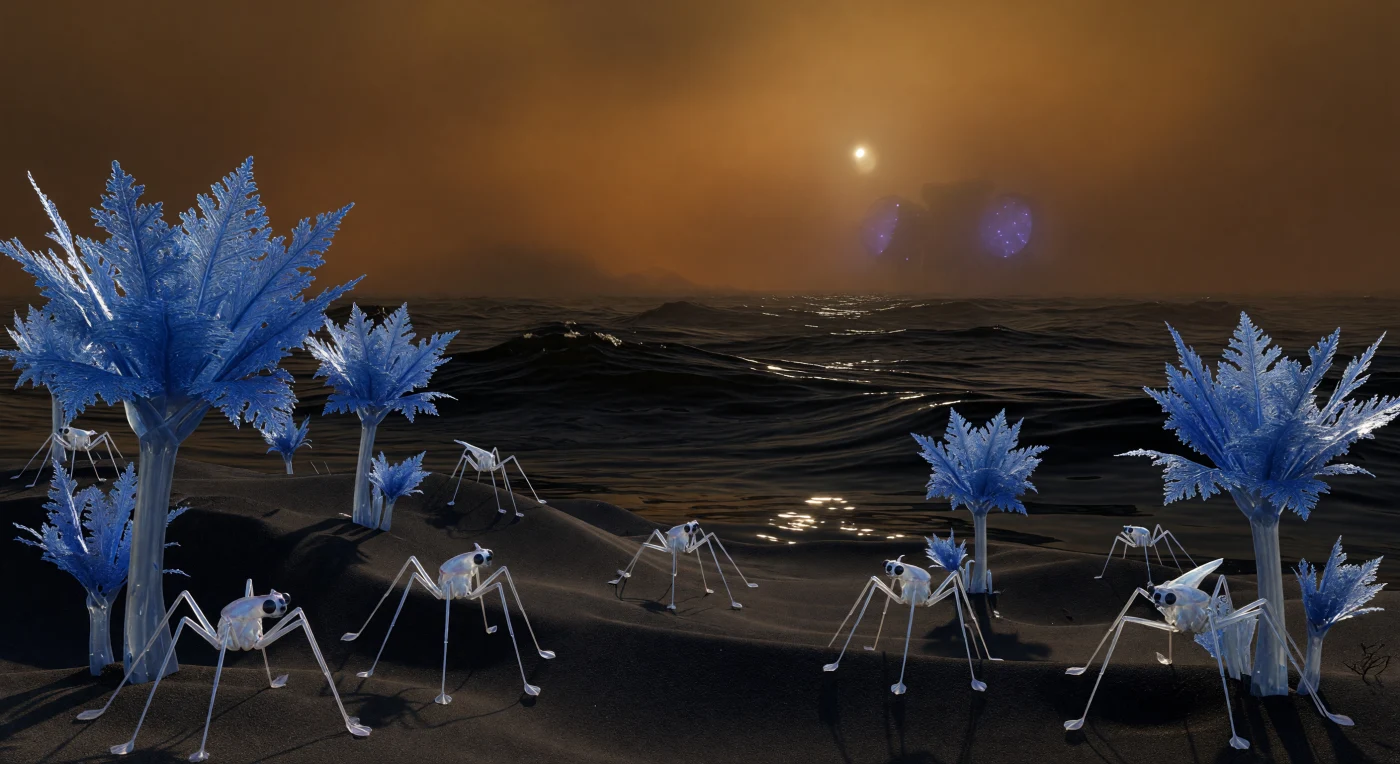 On the shores of Titan’s Kraken Mare, crystalline Frost-Flora with cobalt-blue fractal leaves anchor themselves in hydrocarbon dunes, while hexapedal Methane-Striders skim across a frigid sea of liquid nitrogen and methane. Set during the Solar Expansion era (c. 2500–3000 AD), this scene illustrates the extreme bio-engineering of the Cronian Hegemony, where silicate-based lifeforms thrive in temperatures of 94 Kelvin. In the distance, an Atmospheric Fusion Skimmer harvests deuterium from the thick, ochre haze, fueling a transhuman civilization optimized for the Saturnian system’s cryogenic environment.