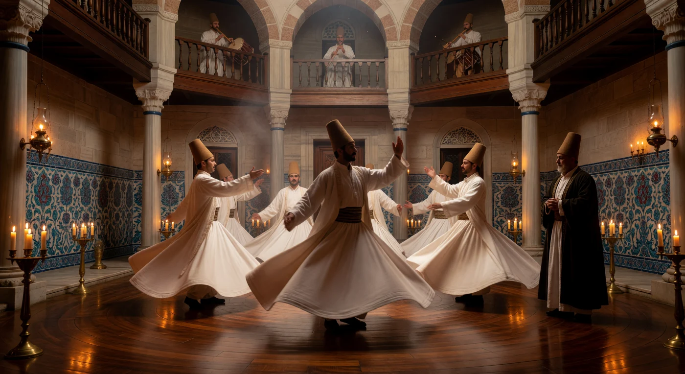 Members of the Mevlevi Order perform the *Sema* ritual within a 16th-century Istanbul *semahane*, characterized by the iconic "Saz" style Iznik tiles and polished walnut floors of the Classical Ottoman period. The dervishes, wearing tall camel-hair *sikke* hats and flared white *tennure* robes, rotate with their right palms toward heaven and left toward earth to symbolize the transmission of divine grace to the world. This meditative practice, accompanied by the haunting melodies of the *ney* flute, represents the peak of Sufi mystical tradition during the height of the Ottoman Empire.