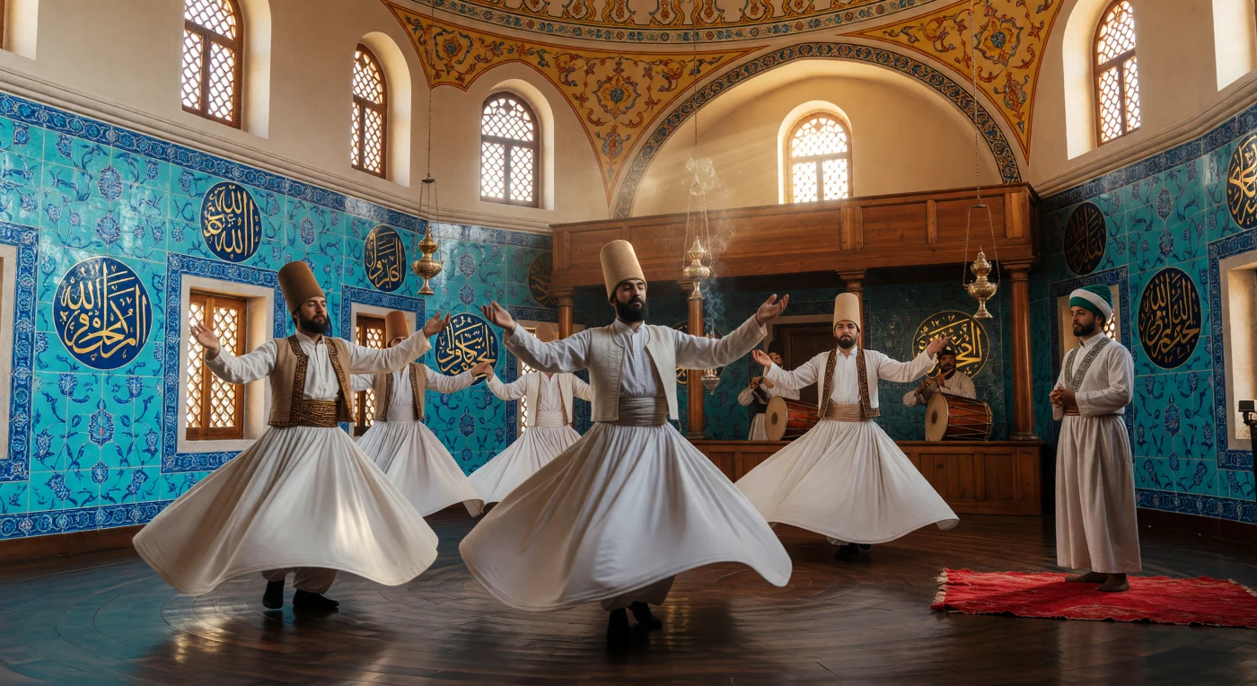 Inmitten einer prächtigen Istanbuler Mevlevihane des 18. Jahrhunderts vollziehen Sufi-Derwische das Sema-Ritual, wobei ihre weißen Tennure-Röcke auf dem polierten Walnussholzboden weite, kreisförmige Scheiben bilden. Unter einer mit kunstvollen Iznik-Kacheln und goldenen Kalligrafien verzierten Kuppel symbolisiert diese meditative Drehung die spirituelle Reise der Seele zur göttlichen Wahrheit. Begleitet von den Klängen der Ney-Flöte fängt die Szene die tiefe Mystik und die architektonische Eleganz der osmanischen Barockzeit ein, in der religiöse Hingabe und kulturelle Verfeinerung eine harmonische Einheit bildeten.
